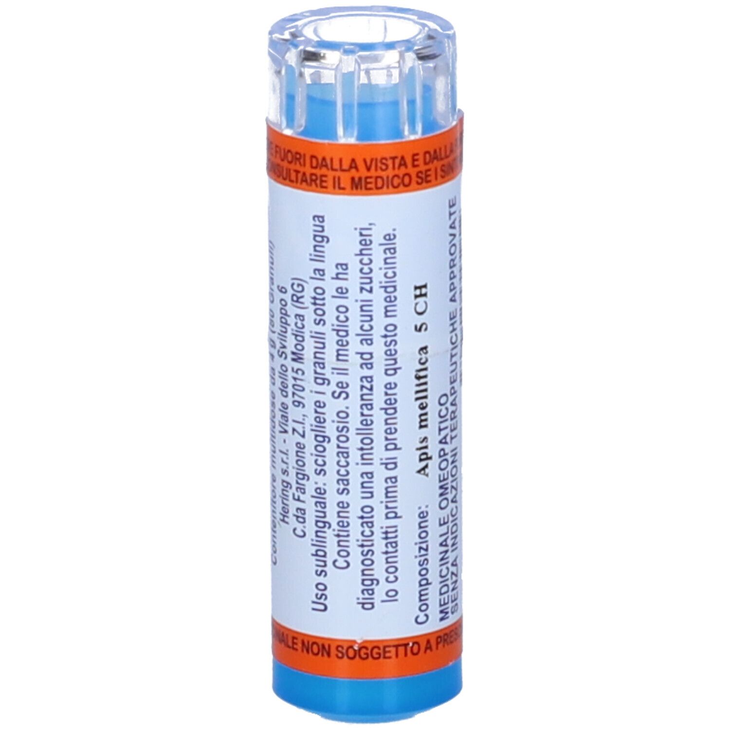 Flacone cilindrico, tappo blu. Scritta: Apis mellifica 5 CH. Dettagli arancioni e blu.