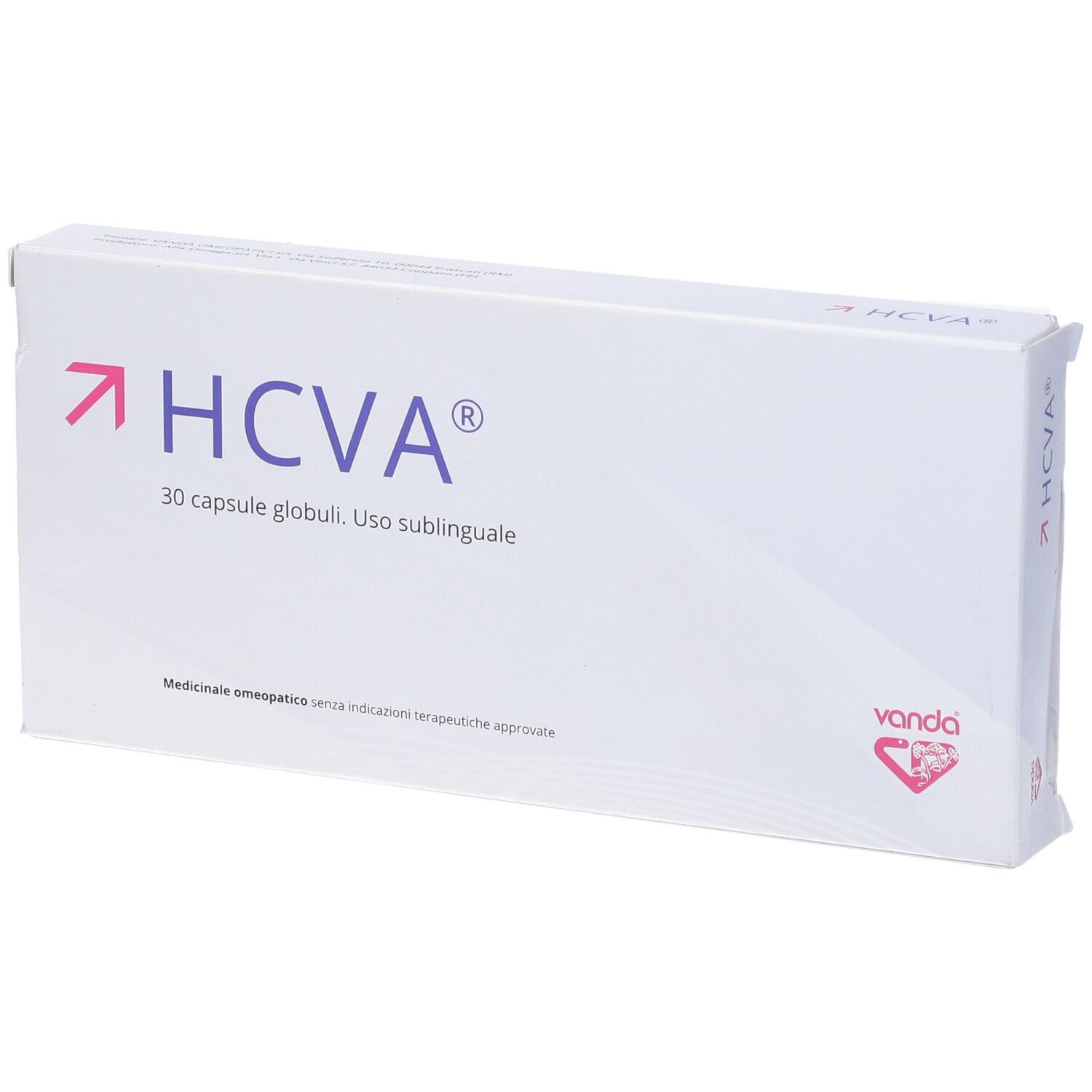 Scatola bianca con logo HCVA e testo. Contiene 30 capsule. Marchio: Vanda.