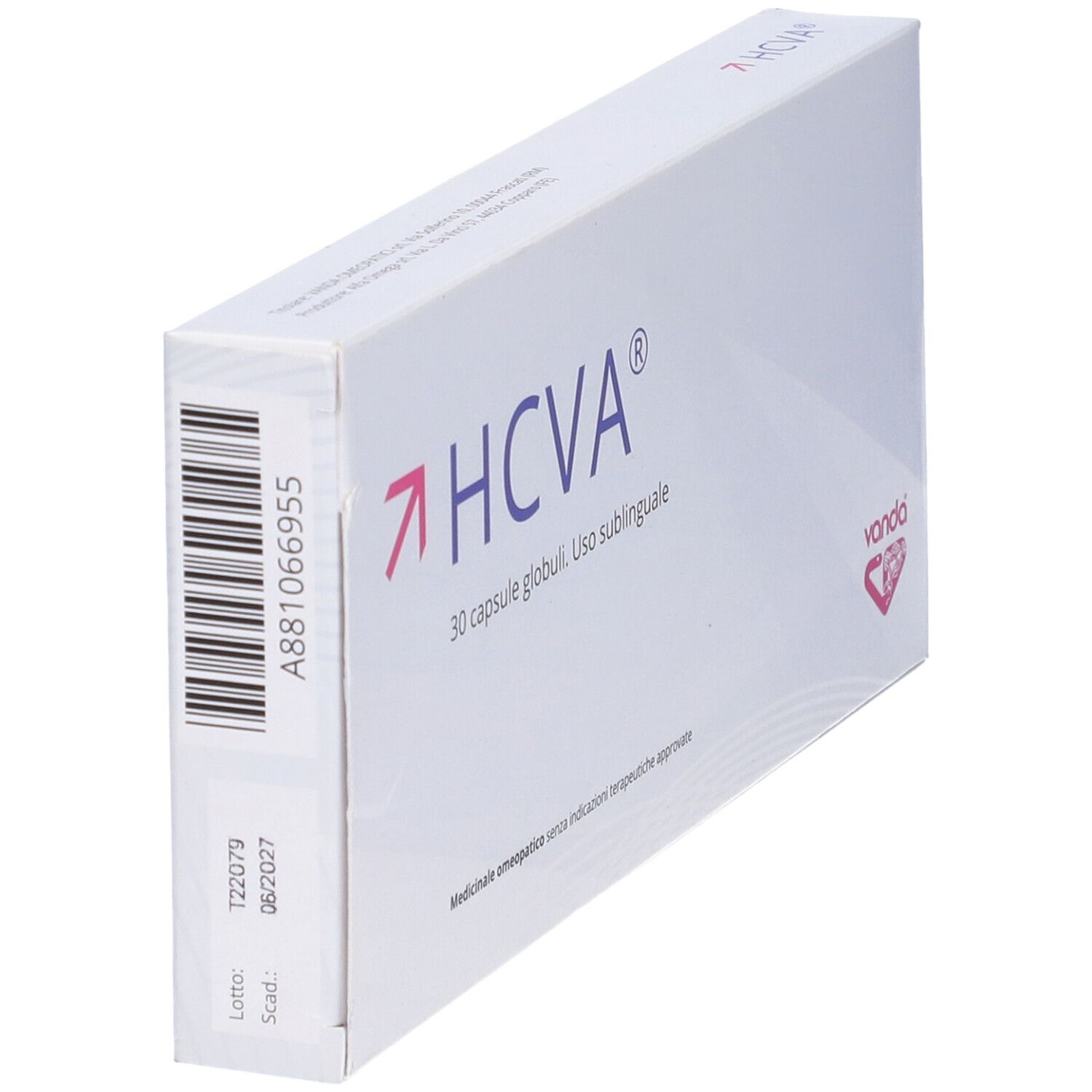 Scatola bianca con logo HCVA e testo. Contiene 30 capsule. Marchio: Vanda.