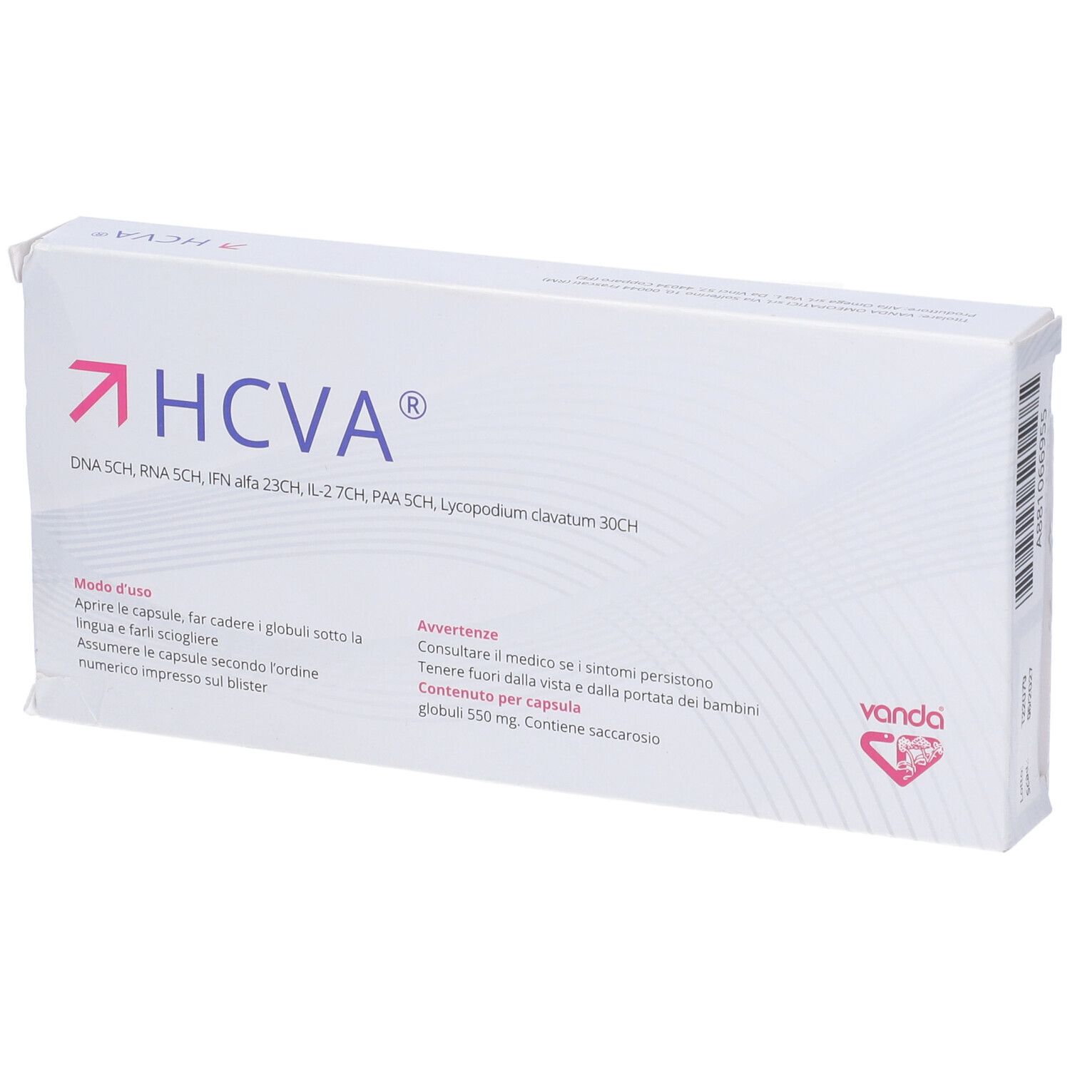 Scatola bianca con logo HCVA e testo. Contiene 30 capsule. Marchio: Vanda.