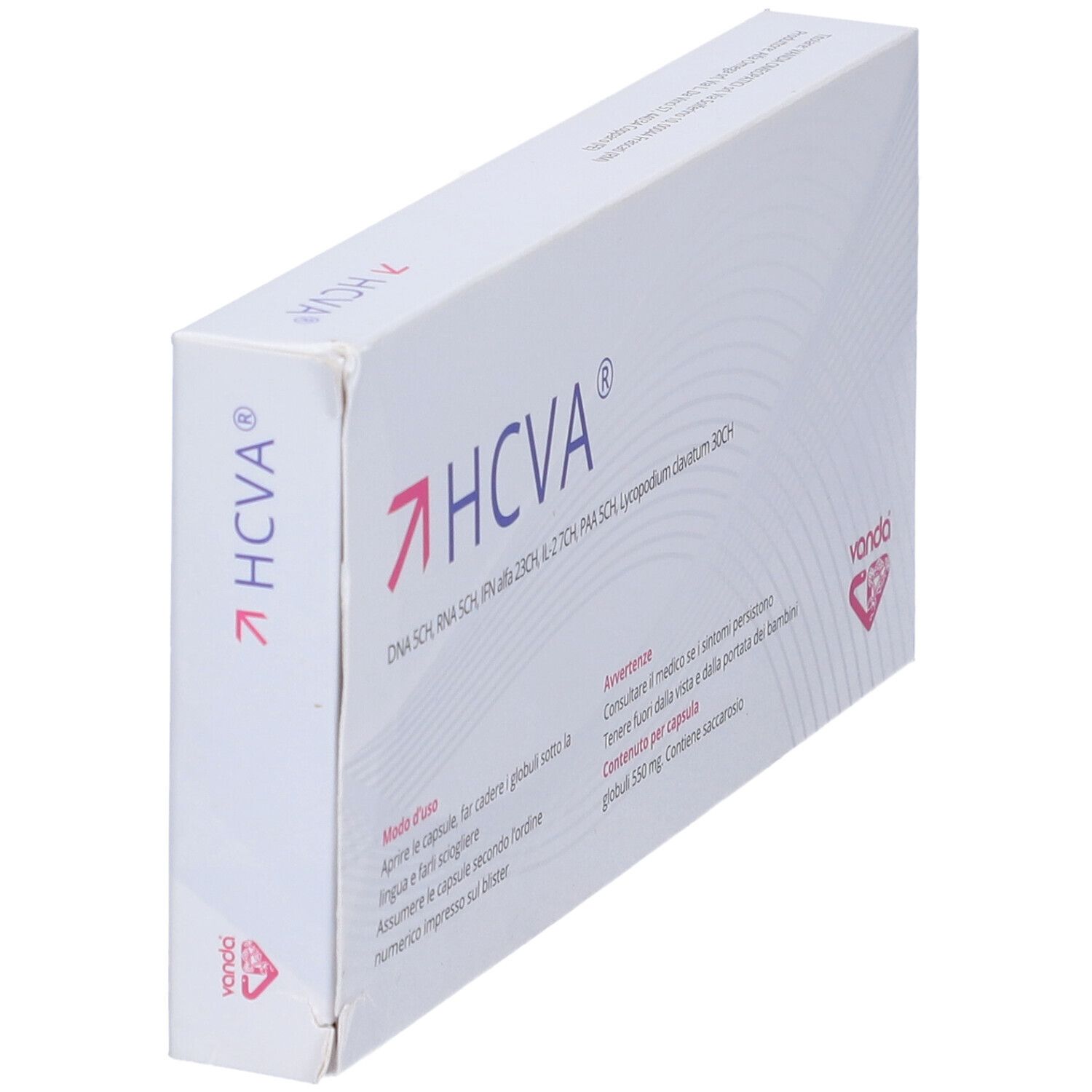Scatola bianca con logo HCVA e testo. Contiene 30 capsule. Marchio: Vanda.