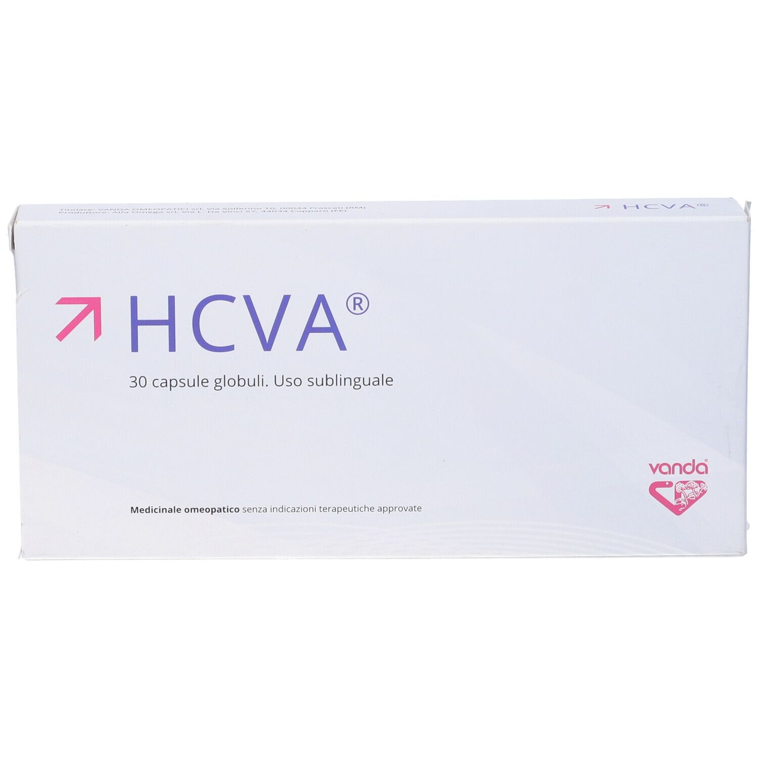 Scatola bianca con logo HCVA e testo. Contiene 30 capsule. Marchio: Vanda.