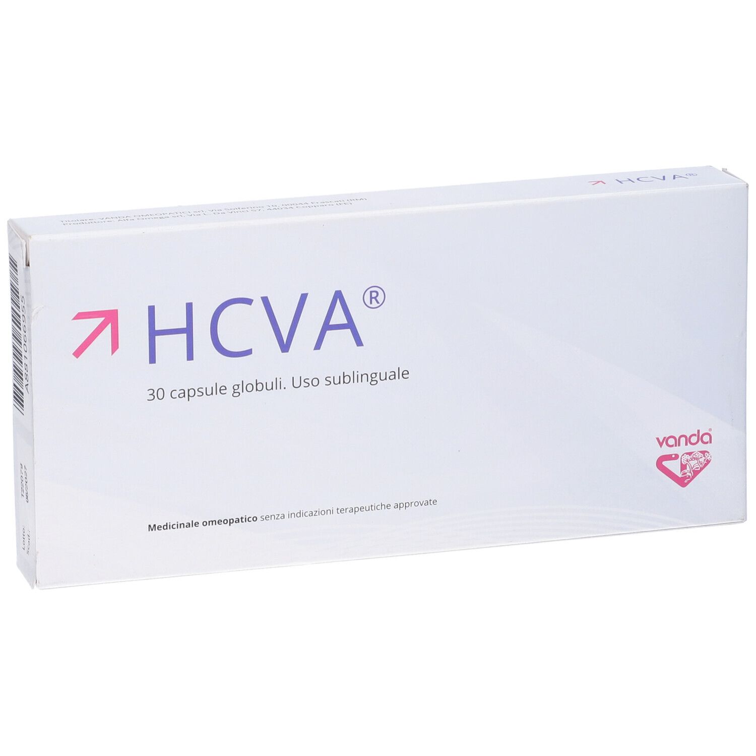 Scatola bianca con logo HCVA e testo. Contiene 30 capsule. Marchio: Vanda.