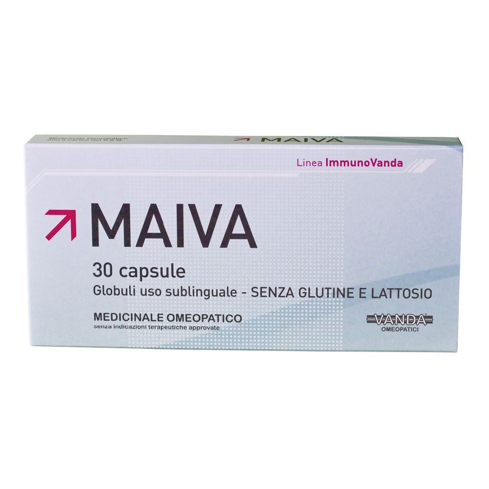 Scatola bianca con scritta MAIVA, 30 capsule. Marchio Vanda. Senza glutine e lattosio.