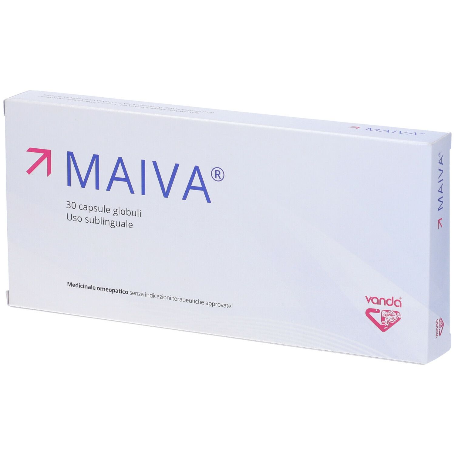 Scatola bianca con logo MAIVA e 30 capsule. Marchio Vanda. Forma squadrata, vista diagonale.