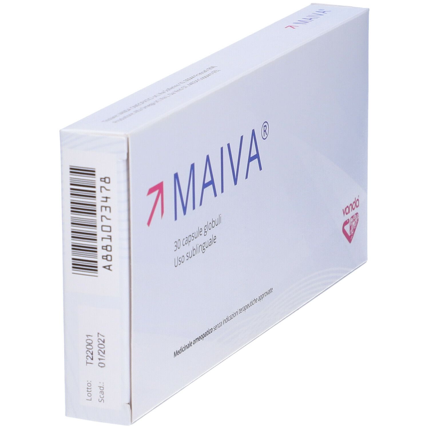 Scatola bianca con logo MAIVA e 30 capsule. Marchio Vanda. Forma squadrata, vista diagonale.