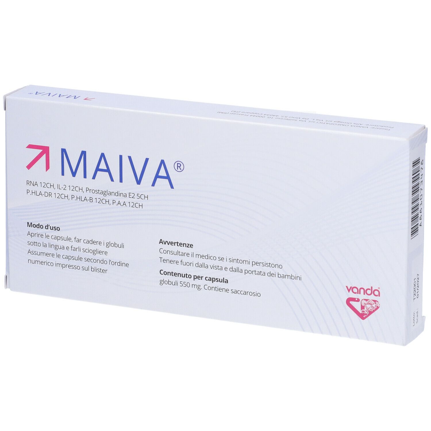 Scatola bianca MAIVA, 30 capsule. Marchio Vanda. Contiene RNA120H, IL-2 12CH, ecc. Vista diagonale.