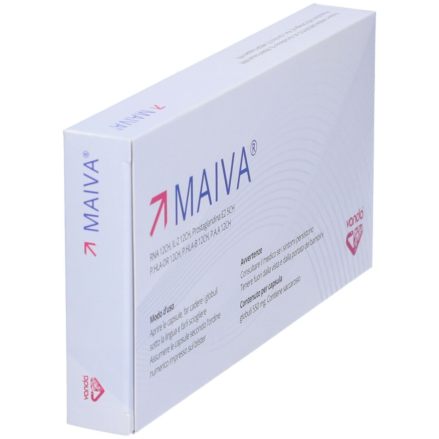 Scatola bianca MAIVA, 30 capsule. Marchio Vanda. Contiene RNA120H, IL-2 12CH, ecc. Vista diagonale.