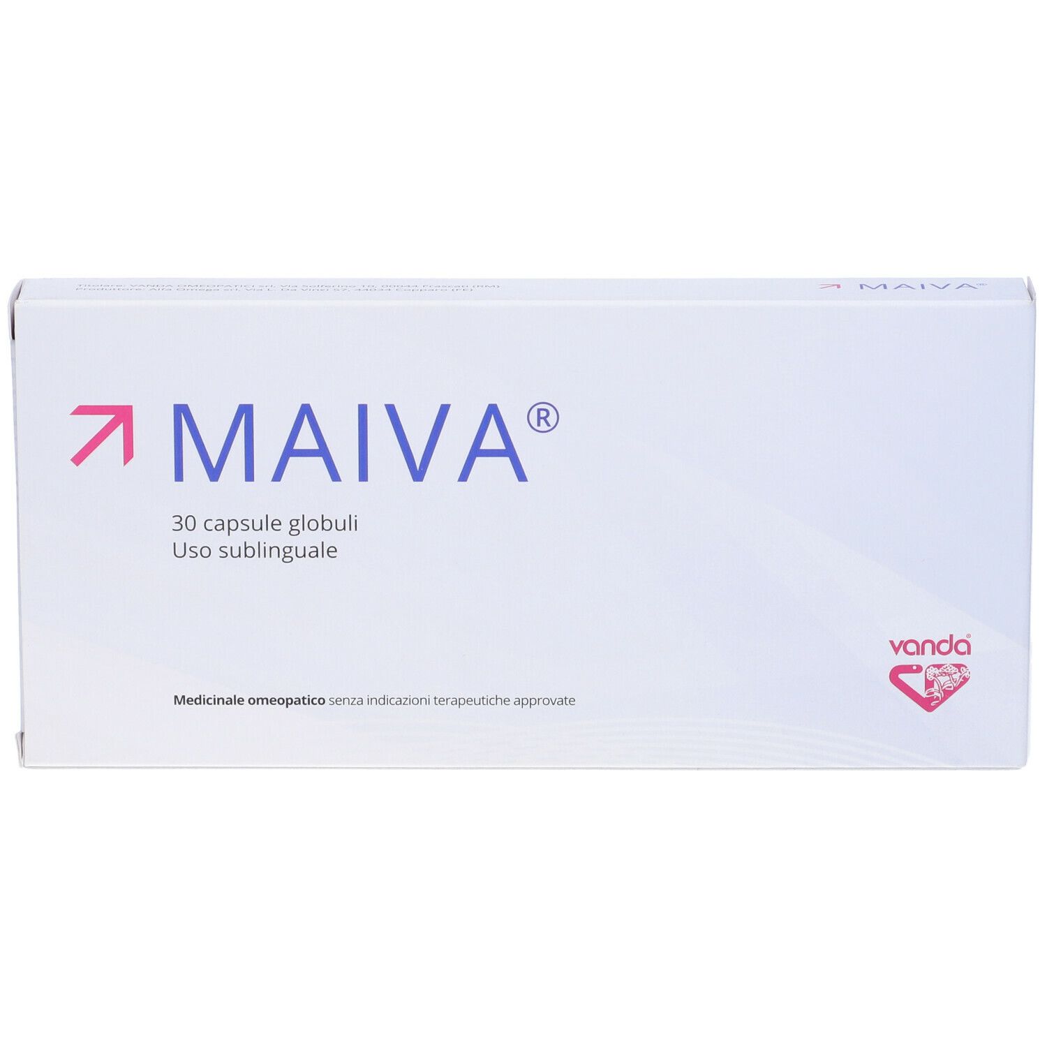Scatola bianca con logo MAIVA e 30 capsule. Marchio Vanda. Forma squadrata, vista diagonale.