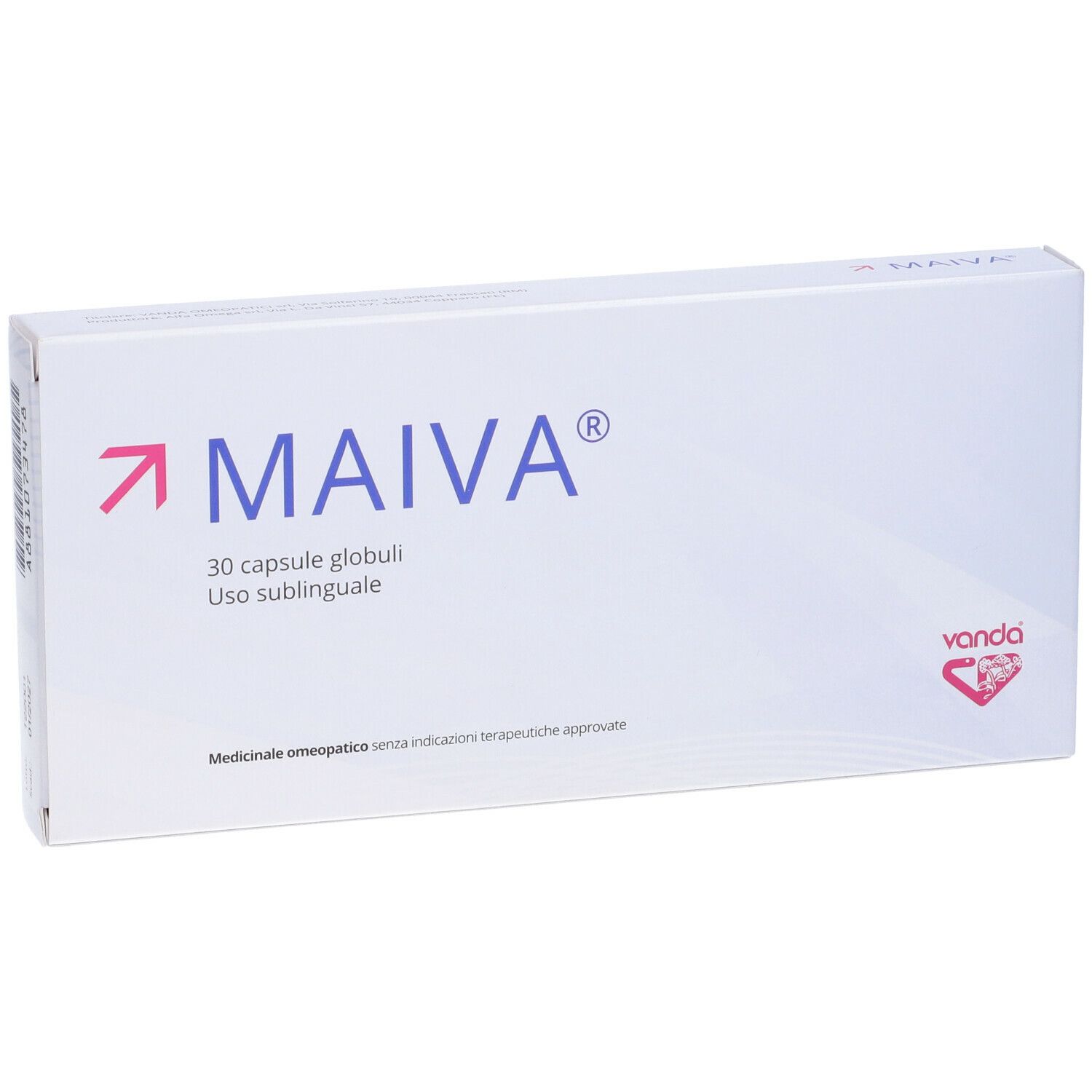 Scatola bianca con logo MAIVA e 30 capsule. Marchio Vanda. Forma squadrata, vista diagonale.