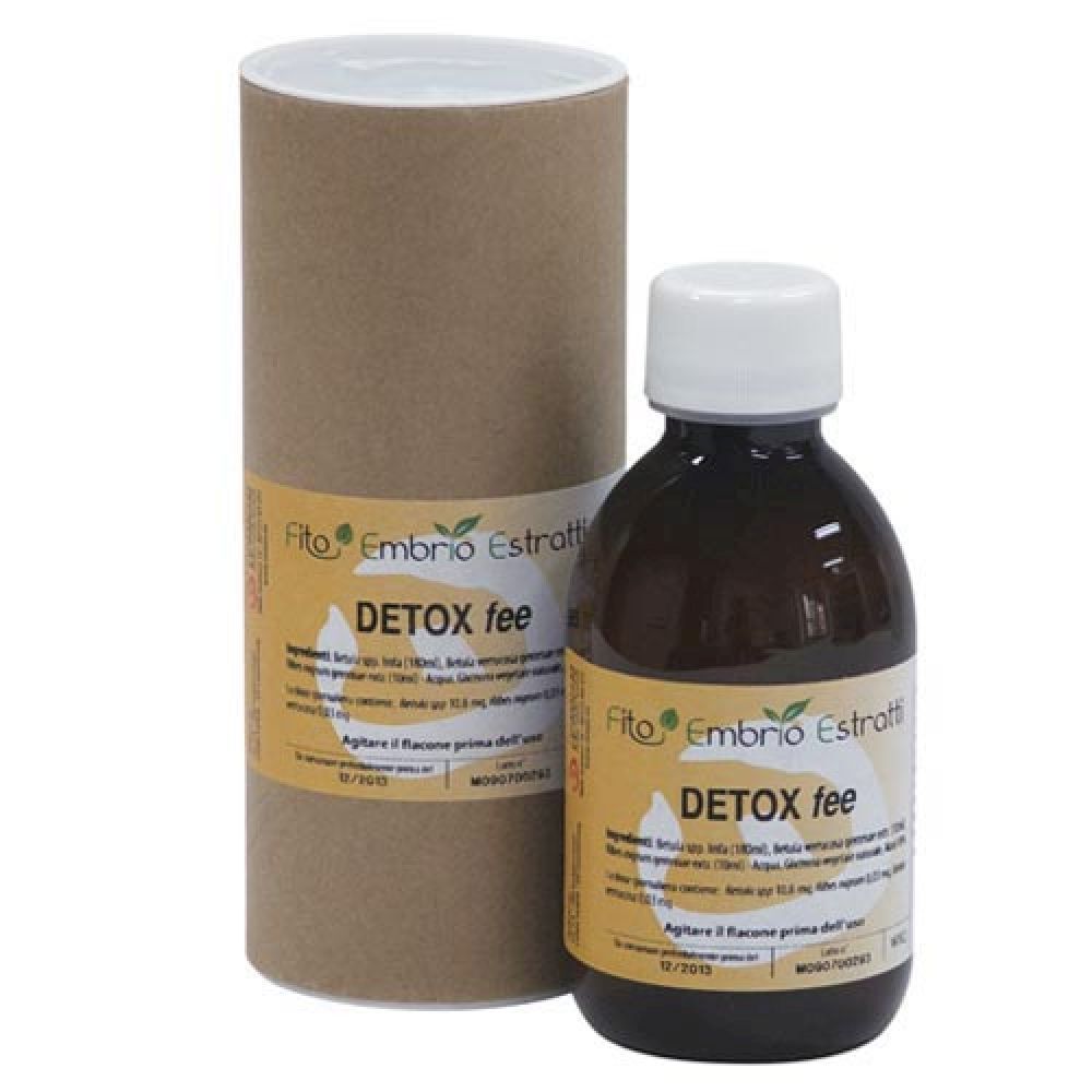 Flacone di vetro marrone con tappo bianco e confezione di cartone marrone. Scritta: Detox fee. Con etichetta.