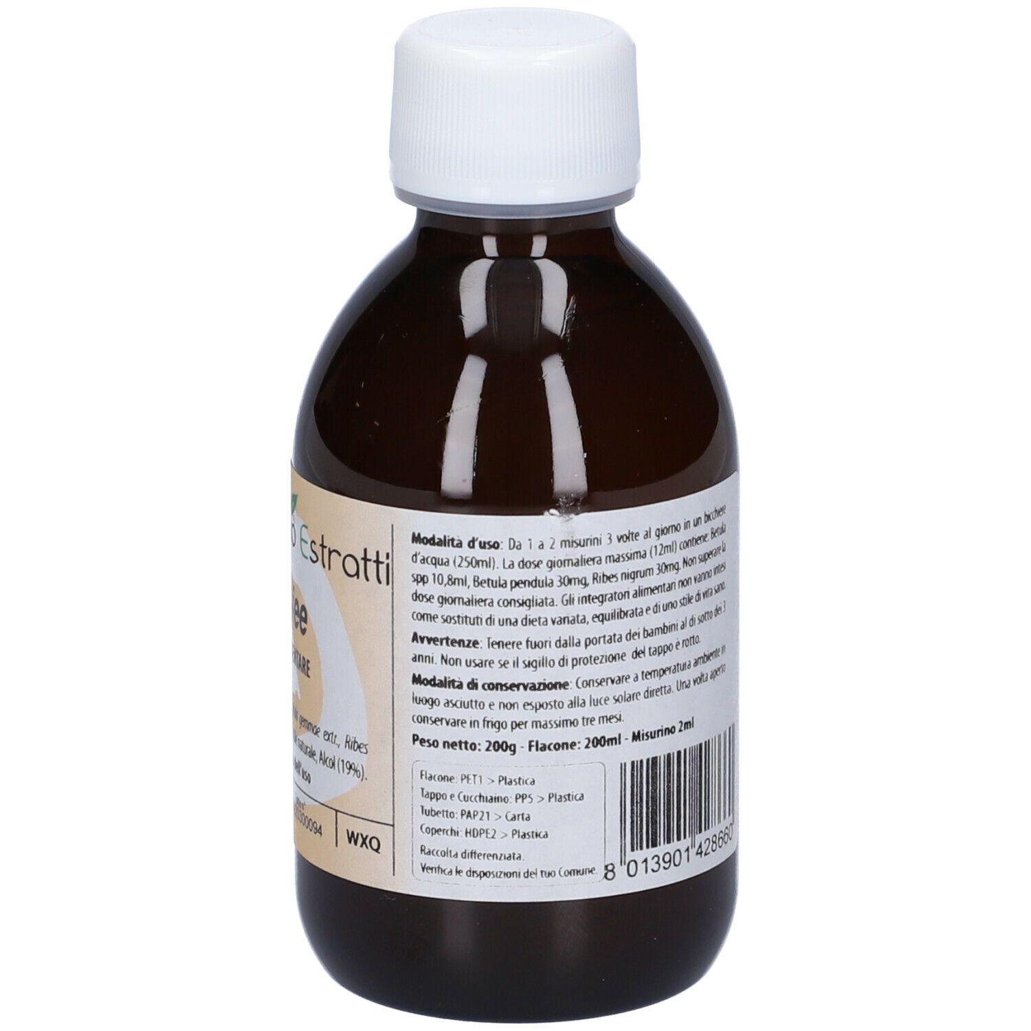 Flacone di vetro marrone con tappo bianco. Scritta: Detox fee. Con etichetta.