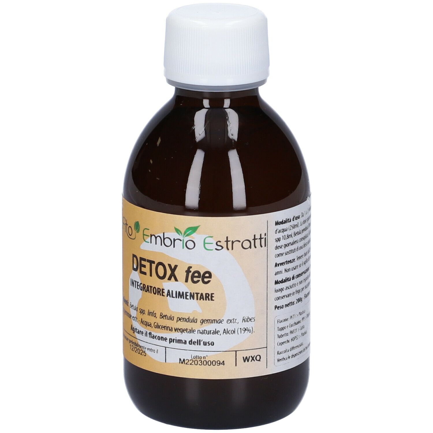 Flacone di vetro marrone con tappo bianco. Scritta: Detox fee. Con etichetta.
