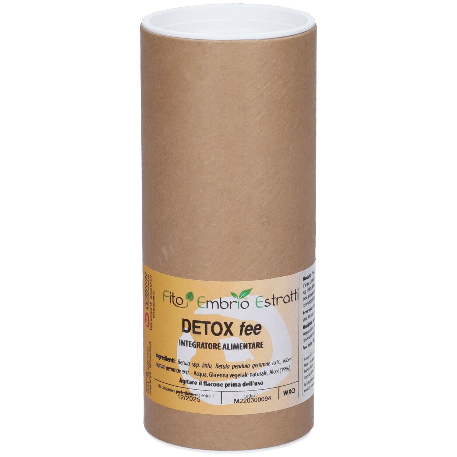 Confezione di cartone marrone con etichetta. Scritta: Detox fee.