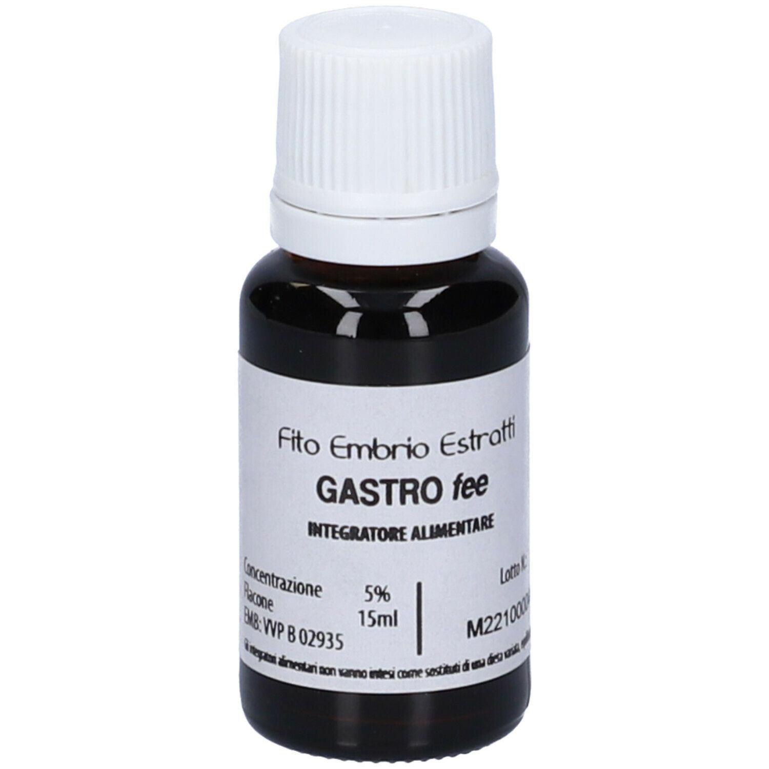 Flacone di vetro marrone con tappo bianco. Etichetta con testo: Gastro fee, 15ml, 5%.