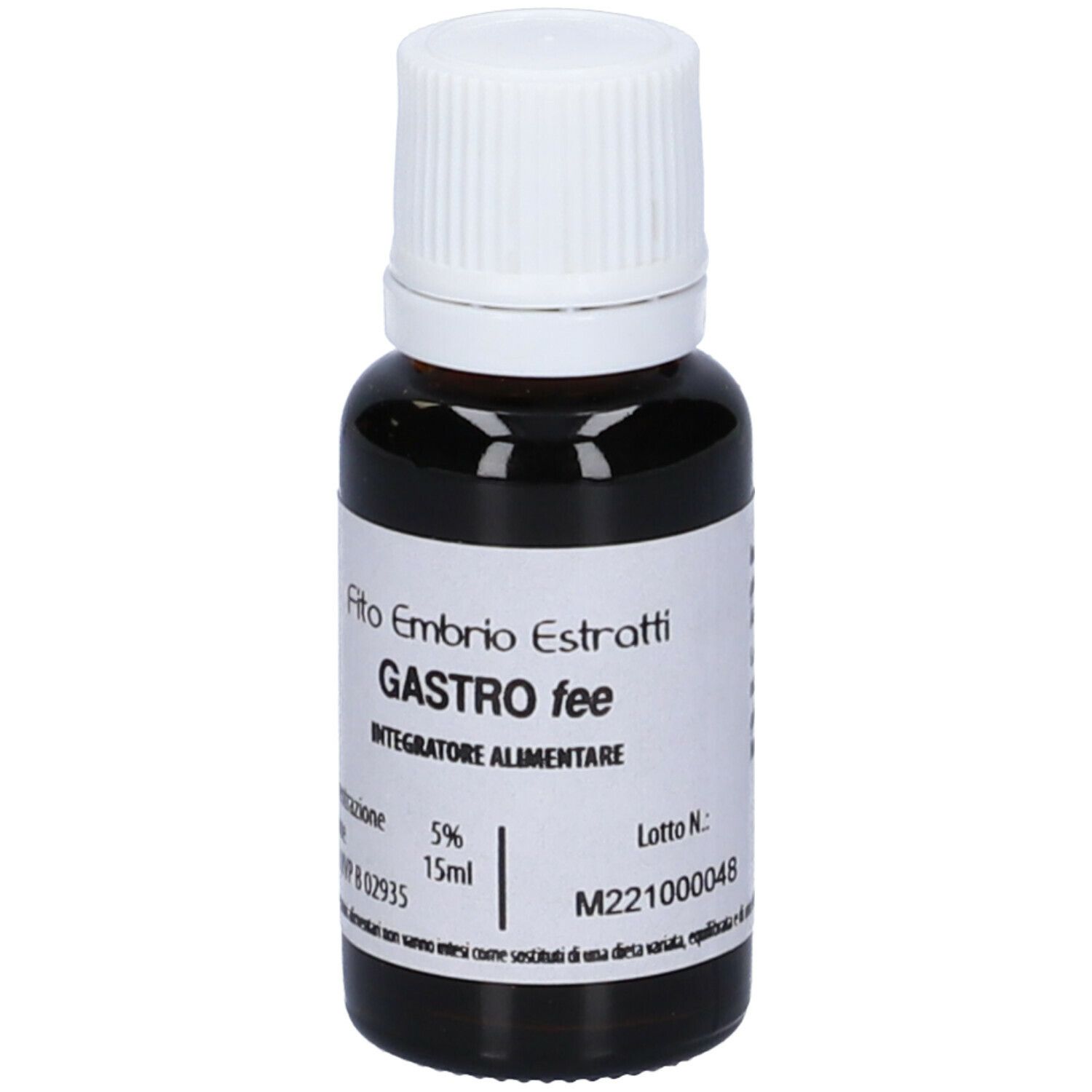 Flacone di vetro marrone con tappo bianco. Etichetta con testo: Gastro fee, 15ml, 5%.
