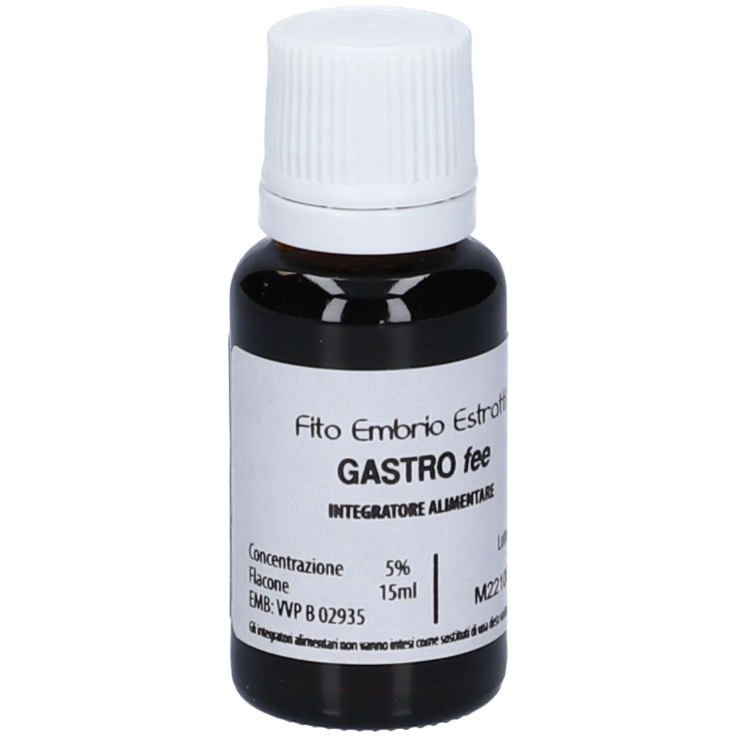 Flacone di vetro marrone con tappo bianco. Etichetta con testo: Gastro fee, 15ml, 5%.