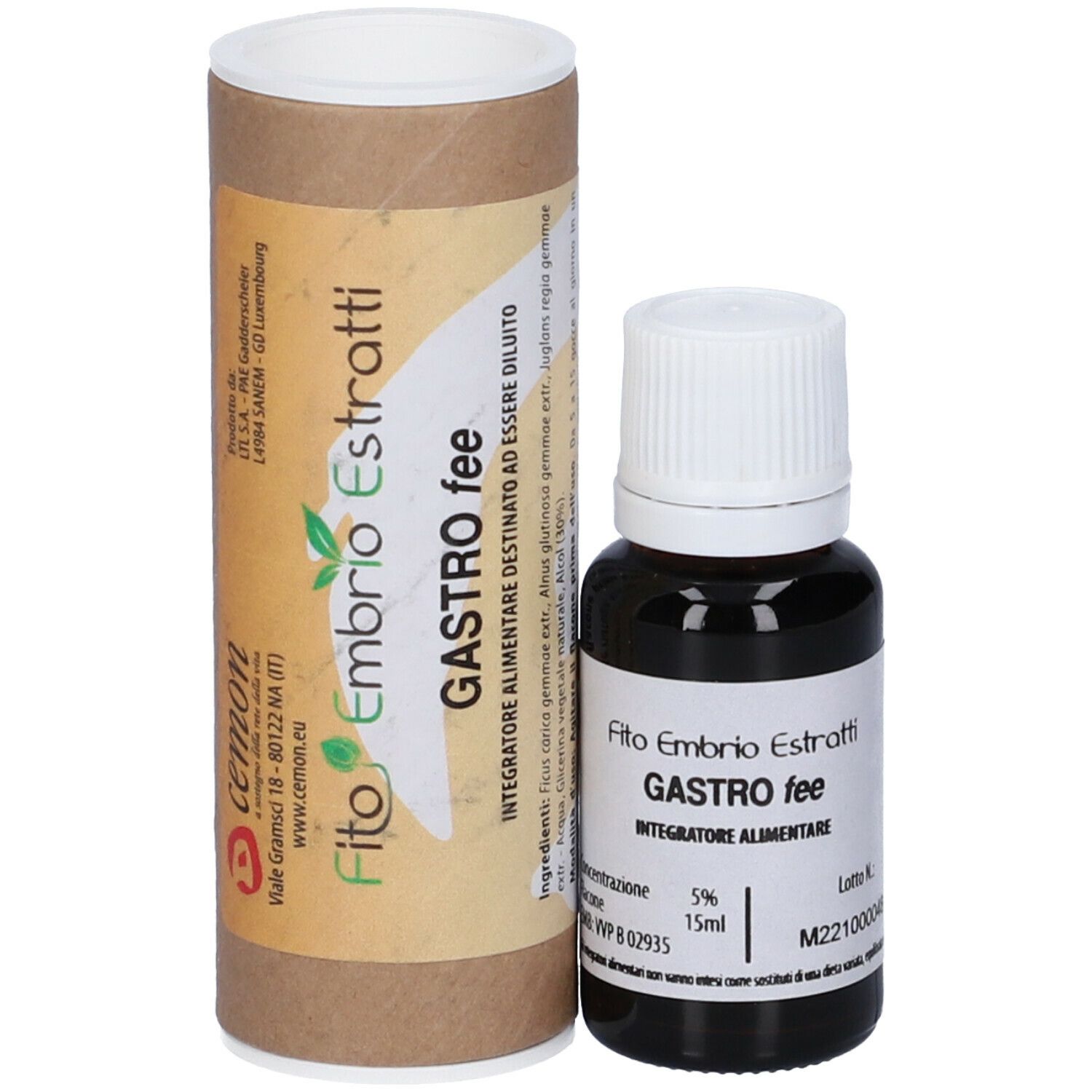 Flacone di vetro marrone con tappo bianco e tubo di cartone. Scritta: Gastro fee, 15ml.