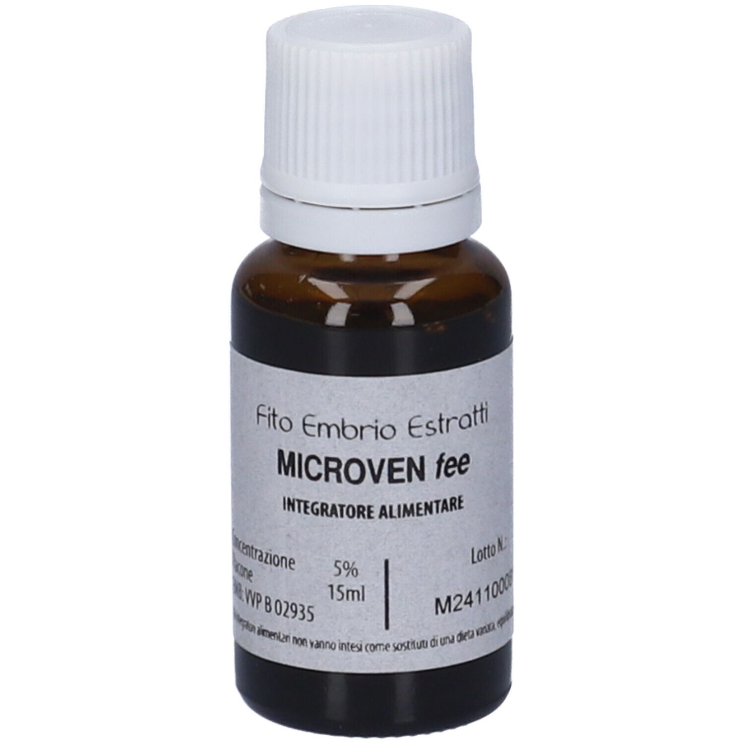 Flacone di vetro marrone con tappo bianco. Scritta: Microven fee, 15ml. Etichetta con informazioni.