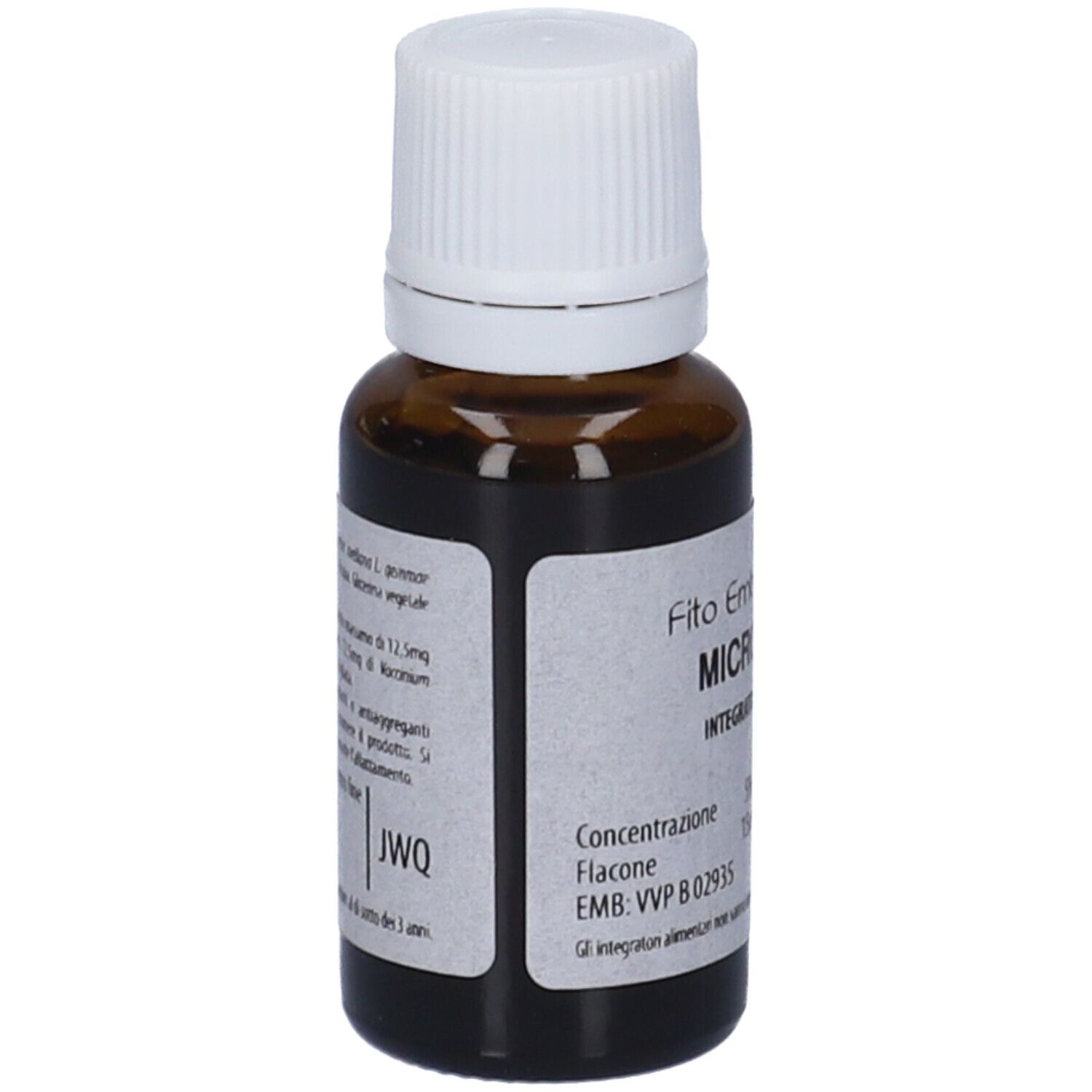 Flacone di vetro marrone con tappo bianco. Scritta: Microven fee, 15ml. Etichetta con informazioni.