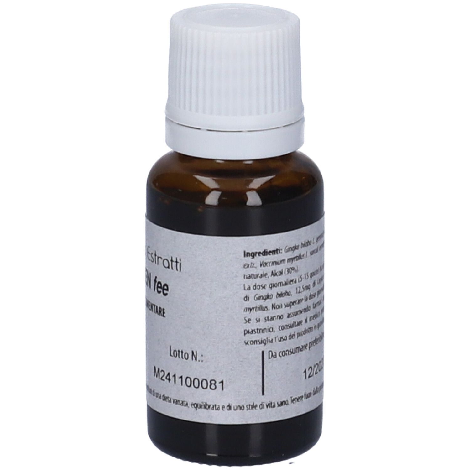 Flacone di vetro marrone con tappo bianco. Scritta: Microven fee, 15ml. Etichetta con informazioni.