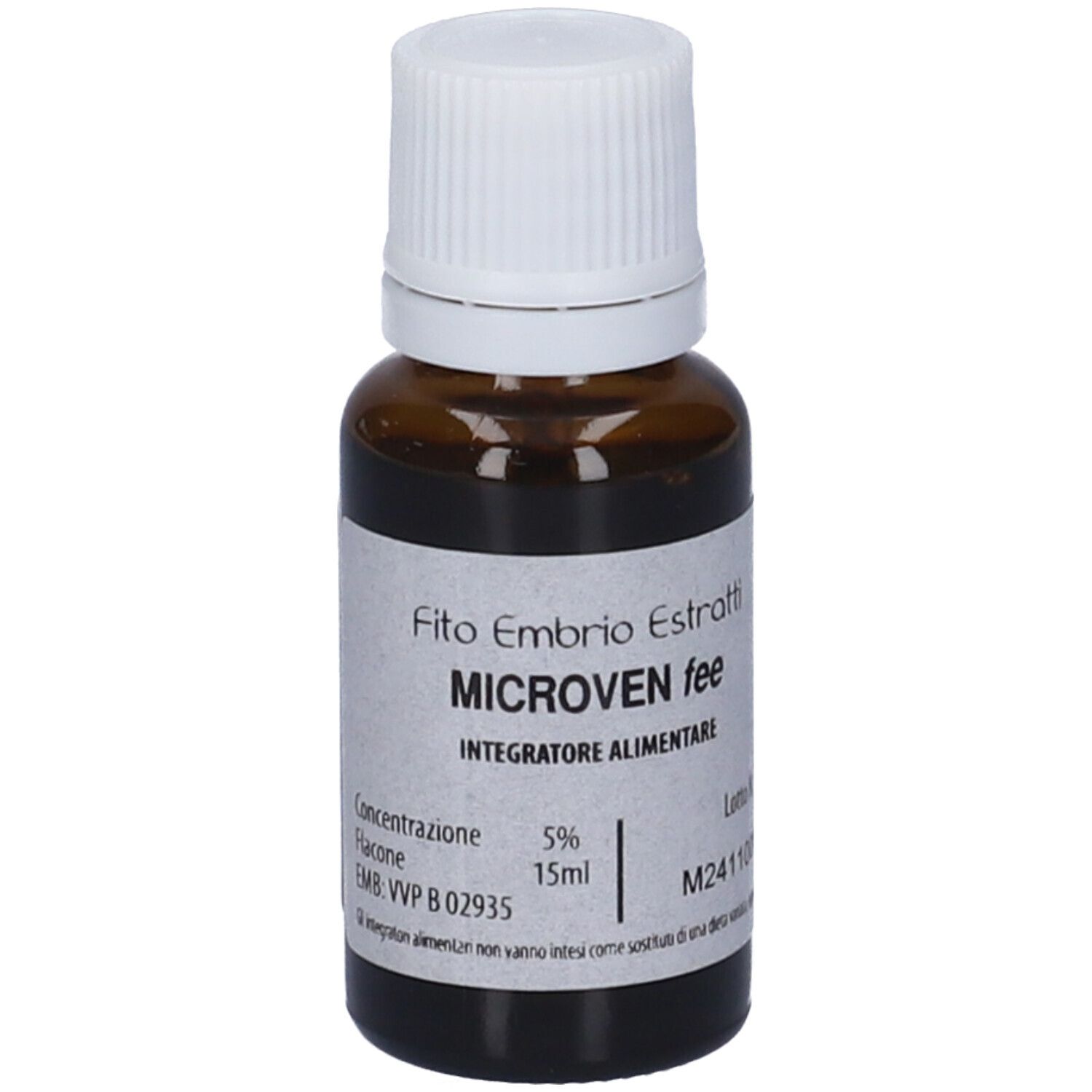Flacone di vetro marrone con tappo bianco. Scritta: Microven fee, 15ml. Etichetta con informazioni.