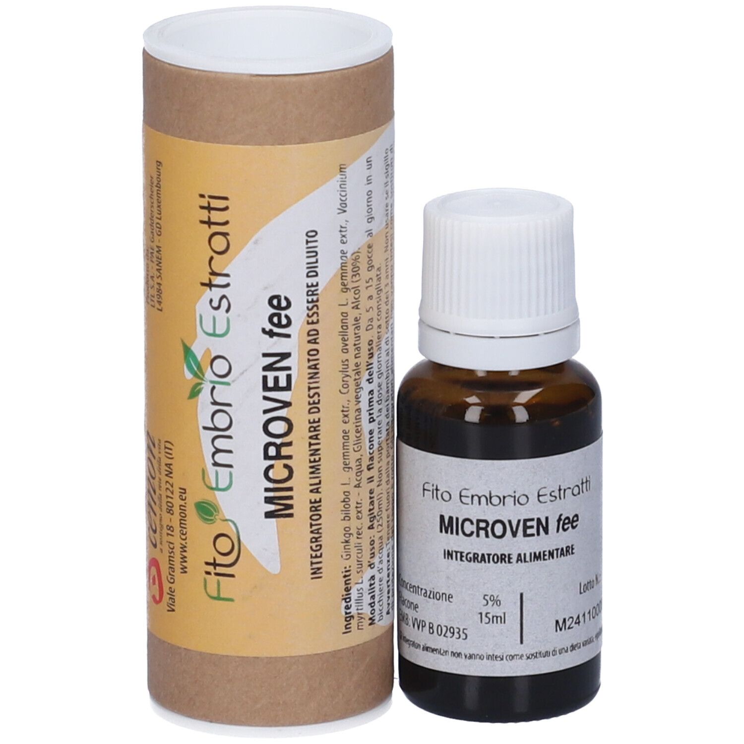 Flacone di vetro marrone con tappo bianco e confezione di cartone marrone. Scritta: Microven fee, 15ml.