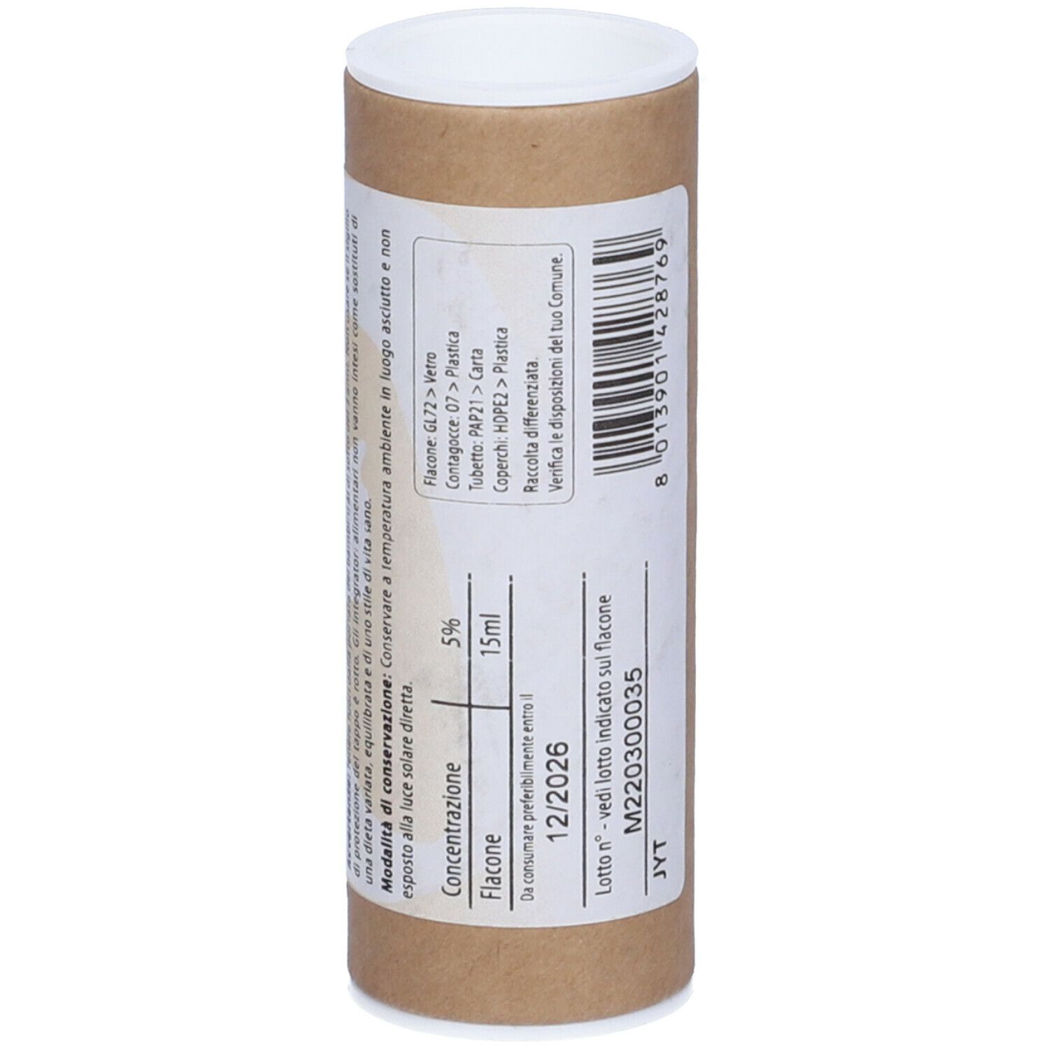 Confezione cilindrica con coperchio bianco. Retro con testo e codice a barre. Testo in italiano.