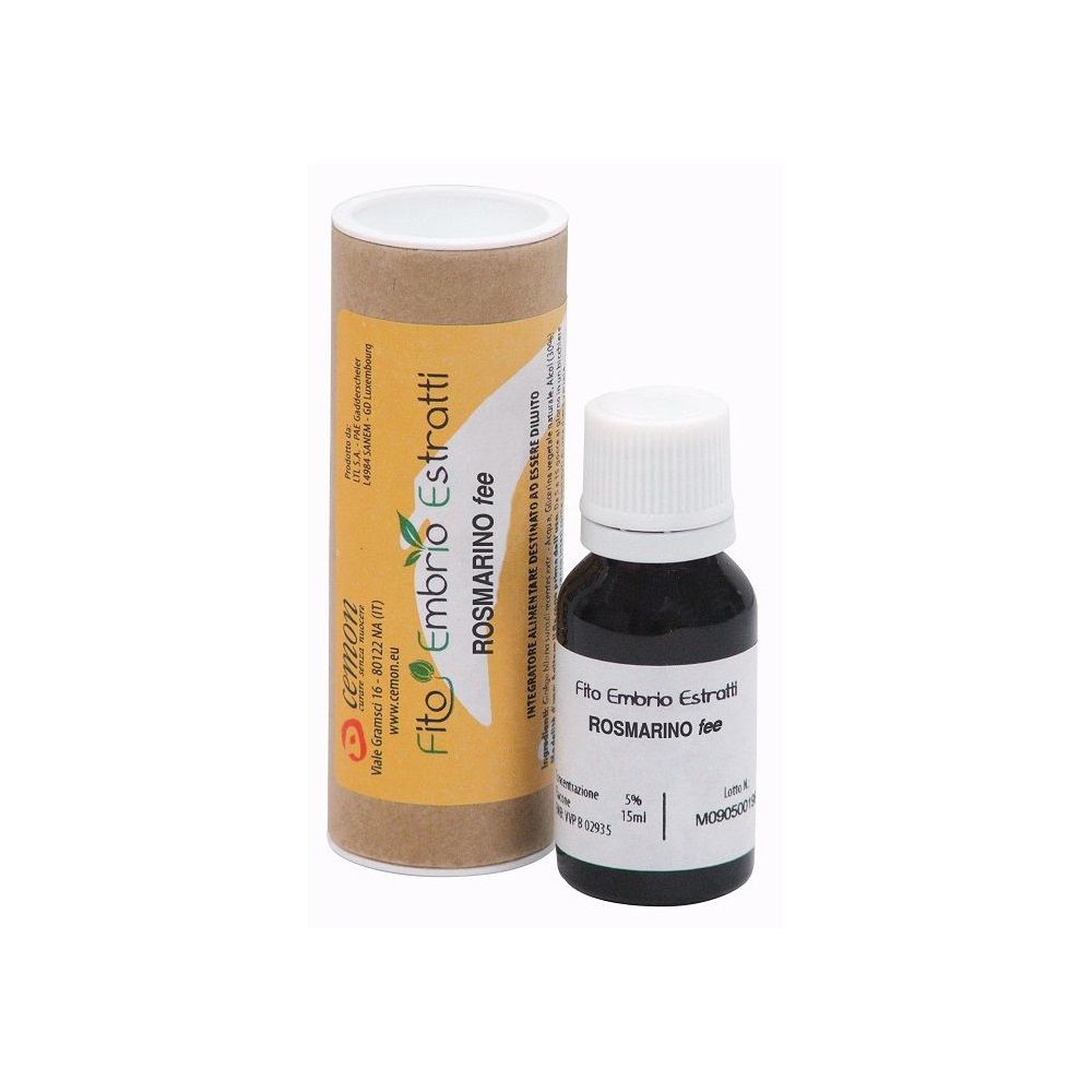 Flacone di vetro marrone con tappo bianco e confezione cilindrica in cartone. Scritta: Fito Embryo Estratti Rosmarino fee.