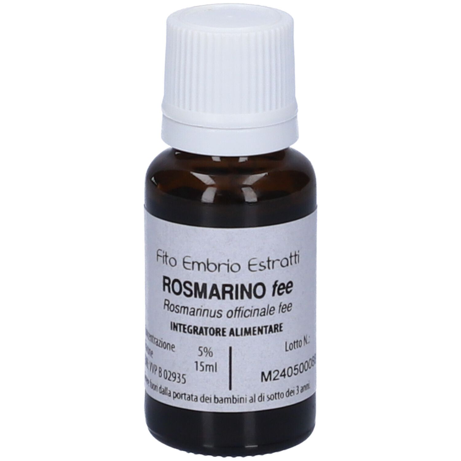 Flacone di vetro marrone con tappo bianco. Scritta: Fito Embryo Estratti Rosmarino fee, 15ml.
