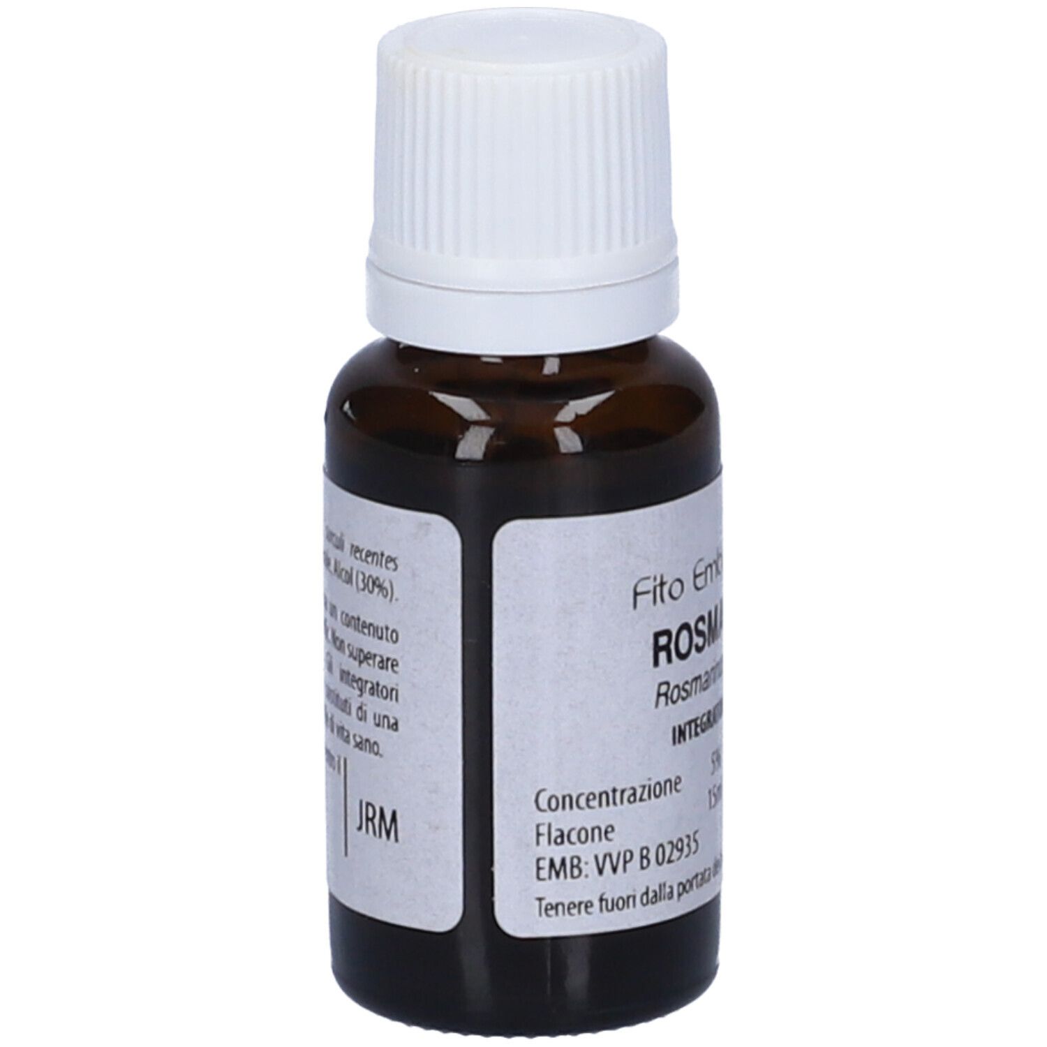 Flacone di vetro marrone con tappo bianco. Scritta: Fito Embryo Estratti Rosmarino fee, 15ml.