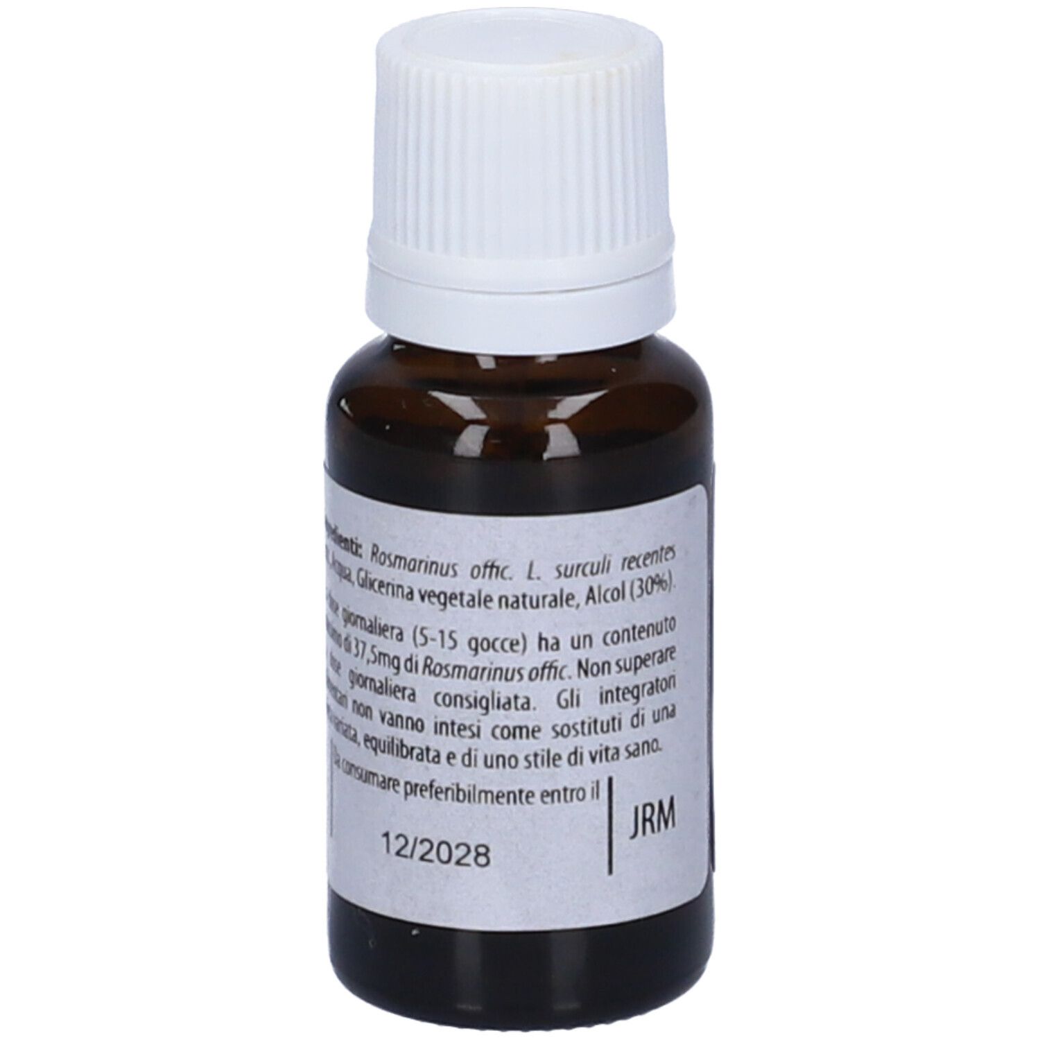 Flacone di vetro marrone con tappo bianco. Scritta: Fito Embryo Estratti Rosmarino fee, 15ml.