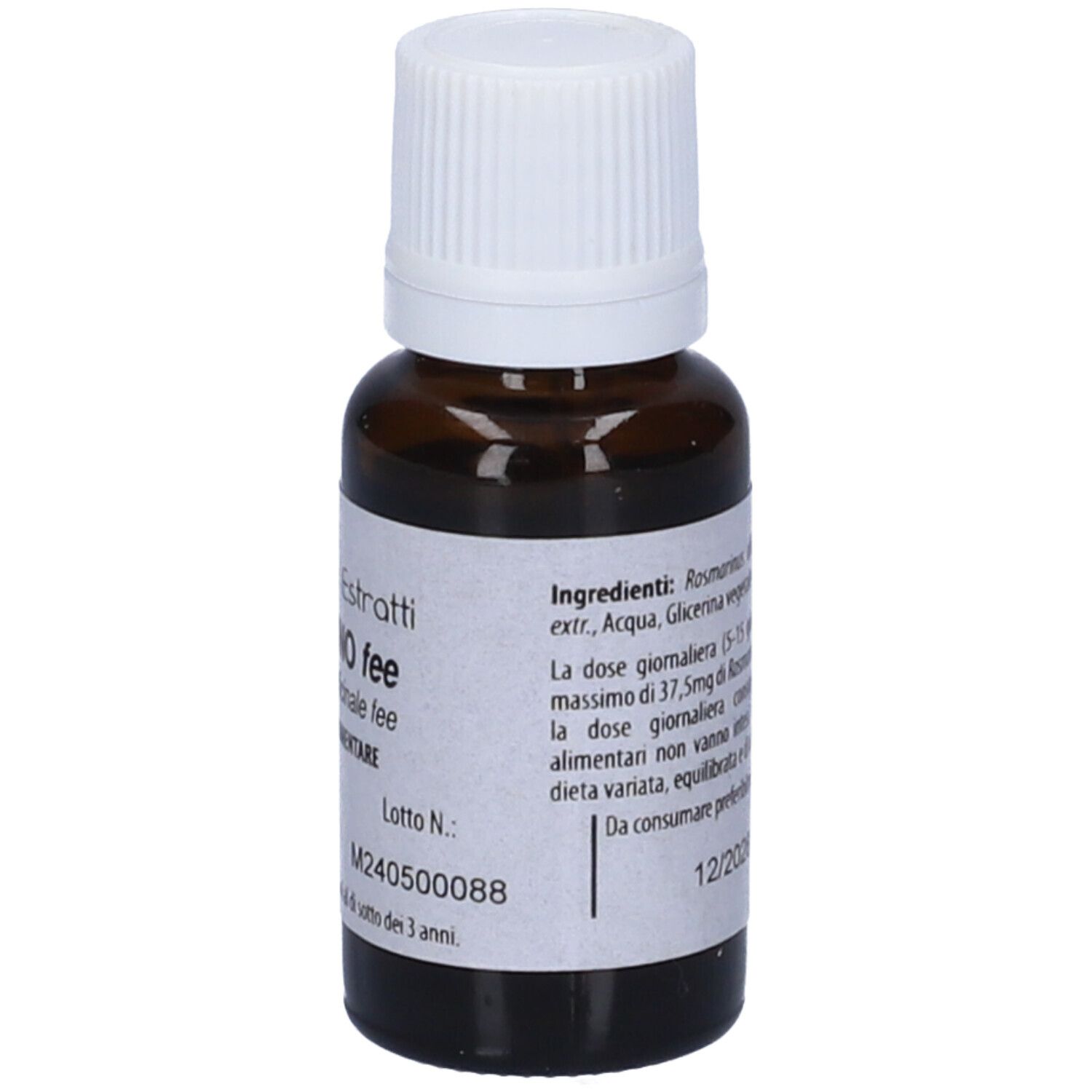 Flacone di vetro marrone con tappo bianco. Scritta: Fito Embryo Estratti Rosmarino fee, 15ml.