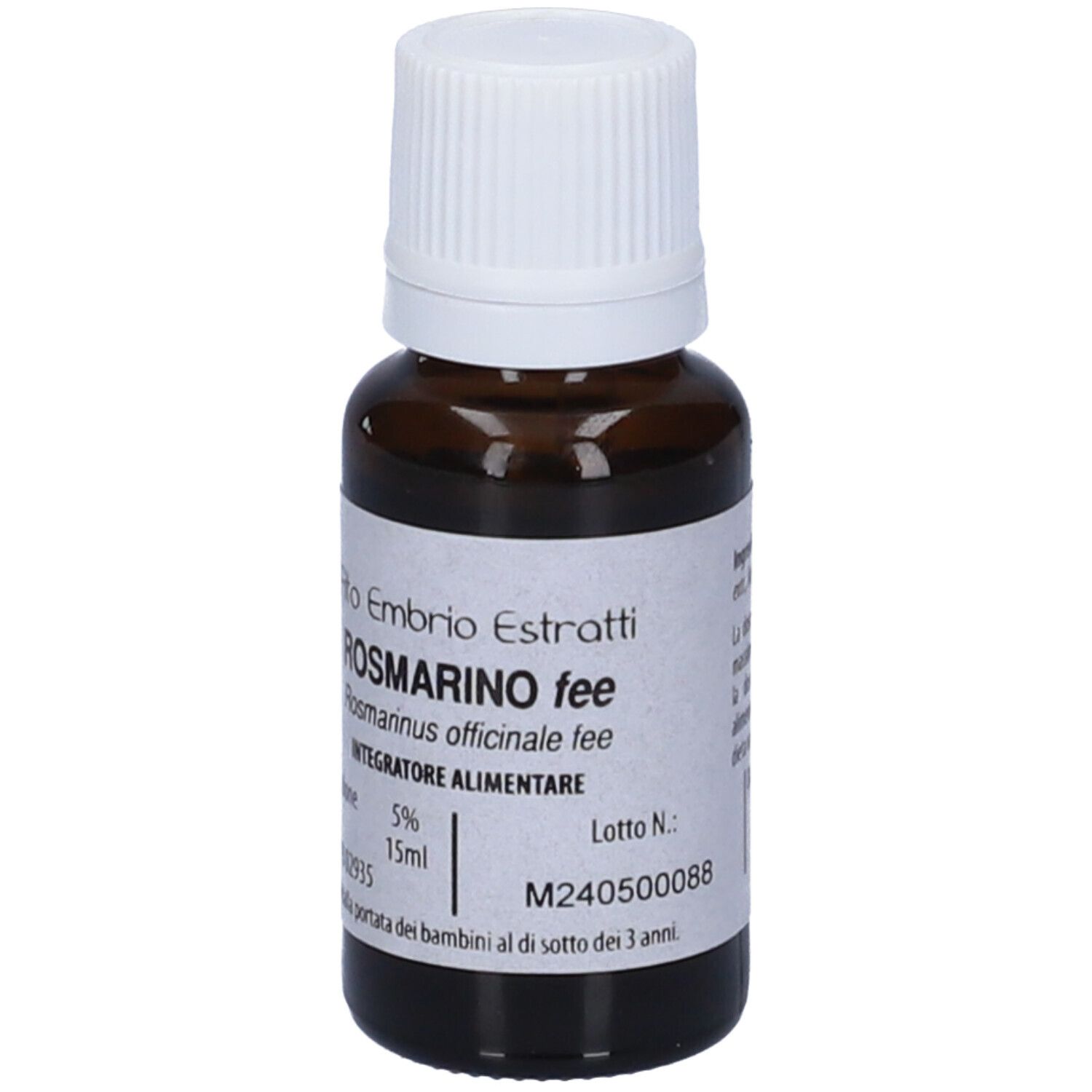 Flacone di vetro marrone con tappo bianco. Scritta: Fito Embryo Estratti Rosmarino fee, 15ml.