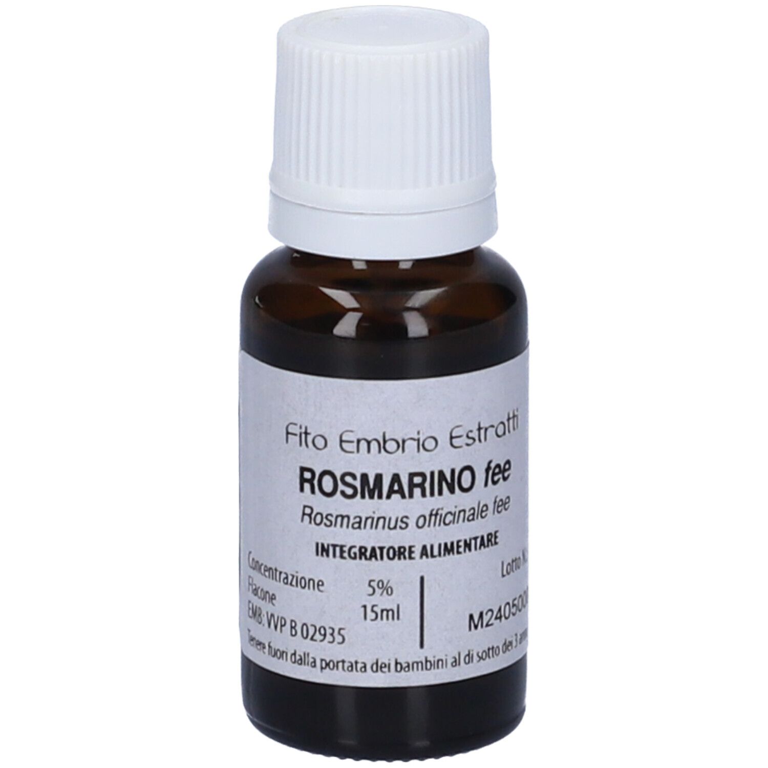Flacone di vetro marrone con tappo bianco. Scritta: Fito Embryo Estratti Rosmarino fee, 15ml.