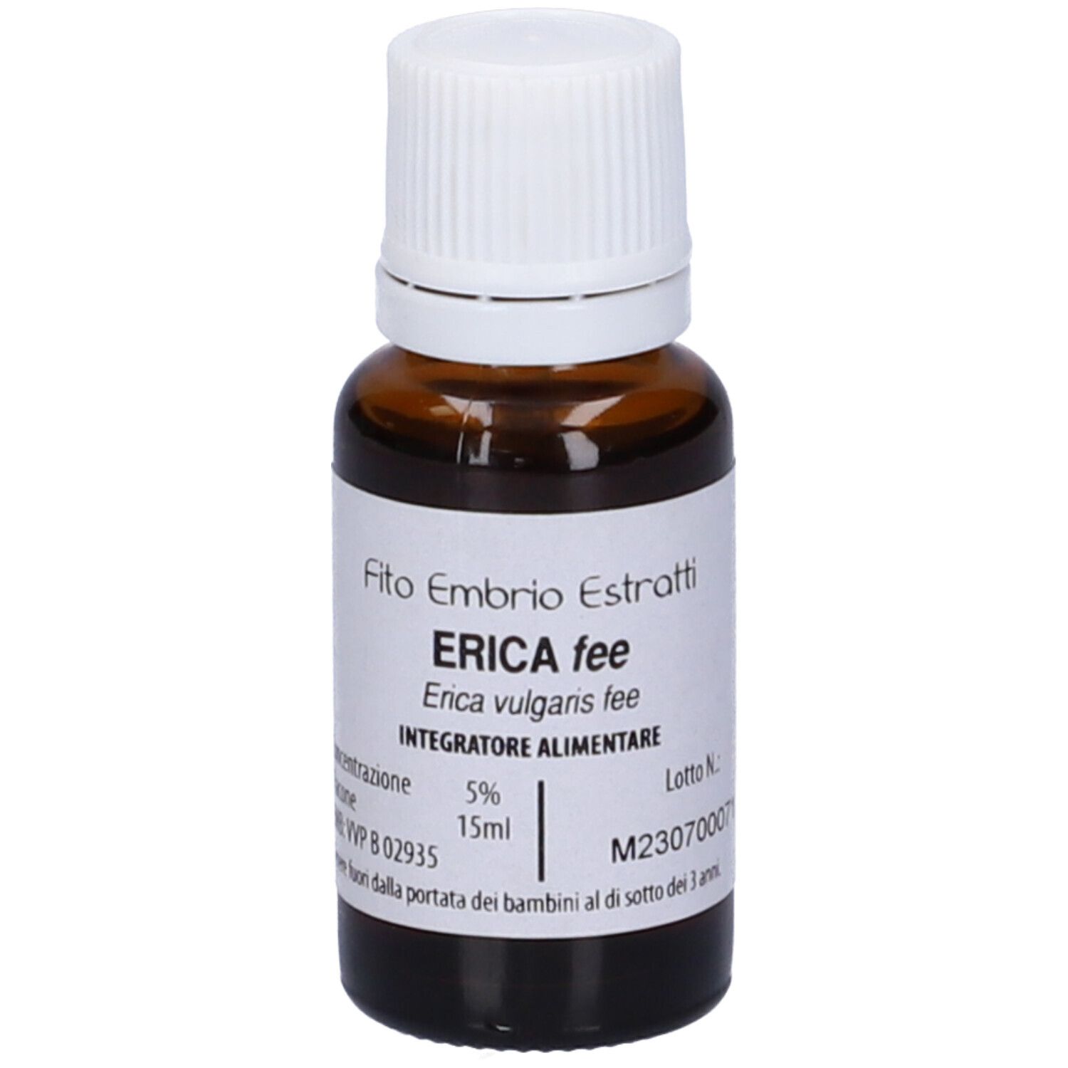 Flacone di vetro marrone con tappo bianco. Scritta: Fito Embryo Estratti, Erica fee, 15 ml, 5%.