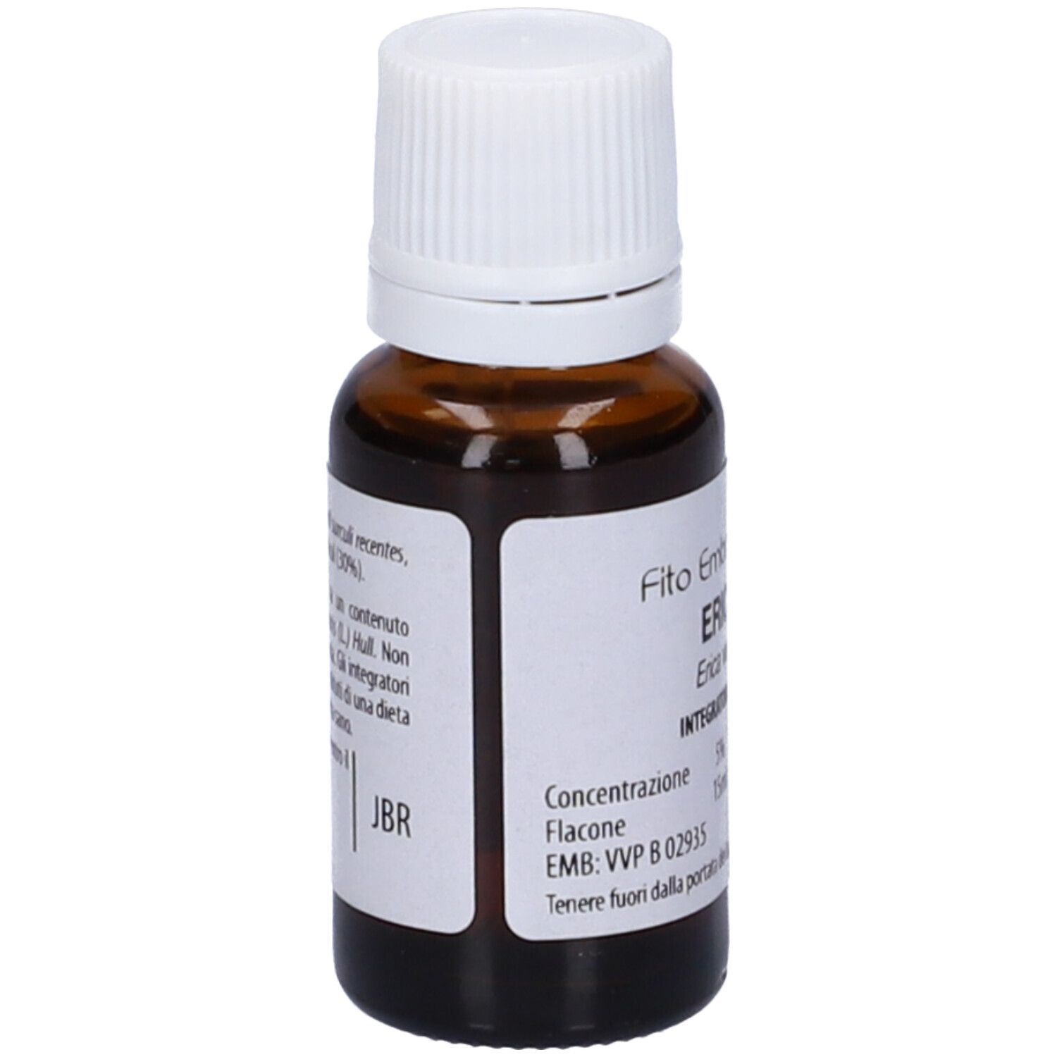 Flacone di vetro marrone con tappo bianco. Scritta: Fito Embryo Estratti, Erica fee, 15 ml, 5%.