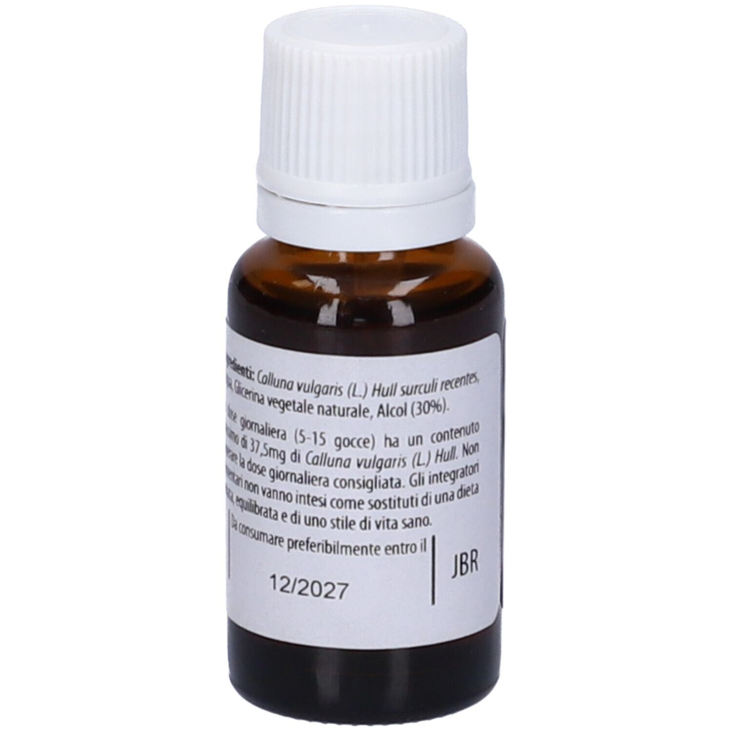Flacone di vetro marrone con tappo bianco. Scritta: Fito Embryo Estratti, Erica fee, 15 ml, 5%.