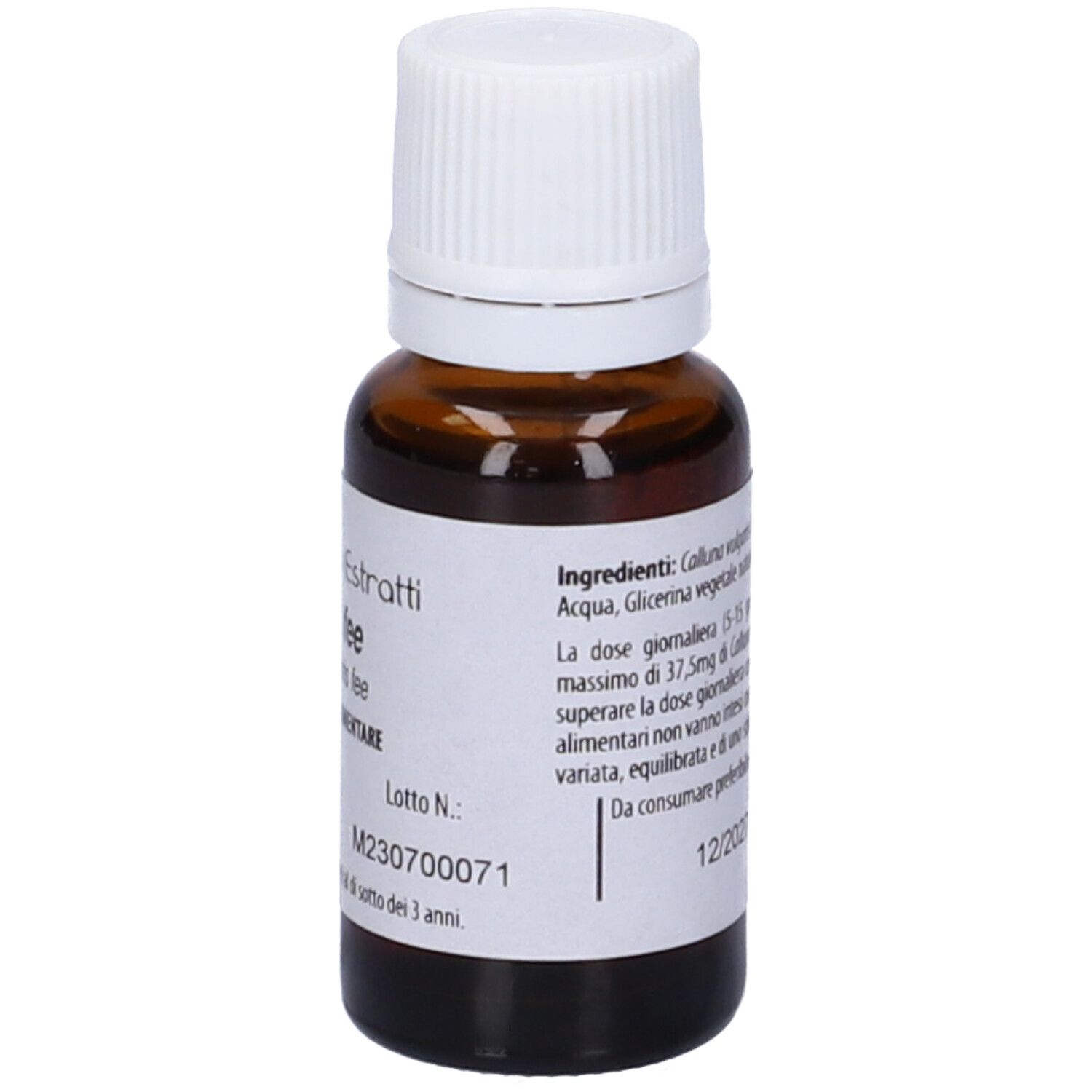 Flacone di vetro marrone con tappo bianco. Scritta: Fito Embryo Estratti, Erica fee, 15 ml, 5%.