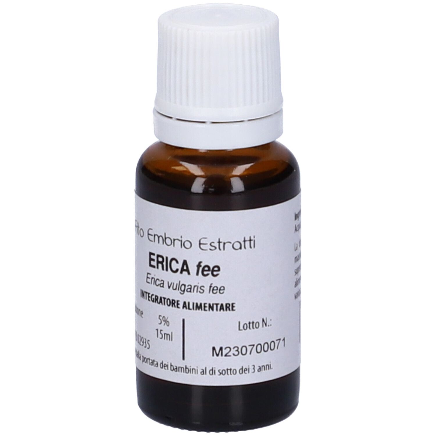 Flacone di vetro marrone con tappo bianco. Scritta: Fito Embryo Estratti, Erica fee, 15 ml, 5%.
