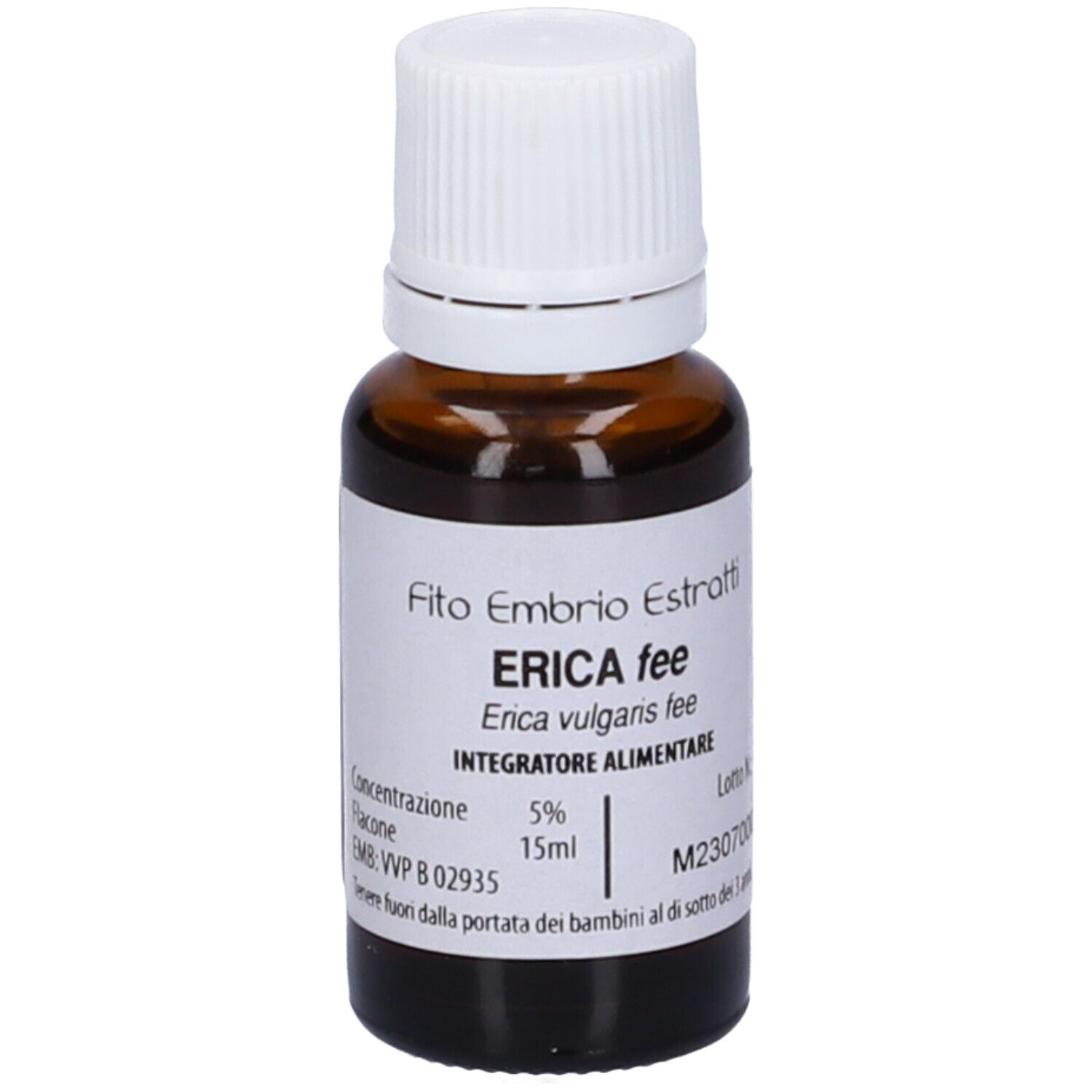 Flacone di vetro marrone con tappo bianco. Scritta: Fito Embryo Estratti, Erica fee, 15 ml, 5%.