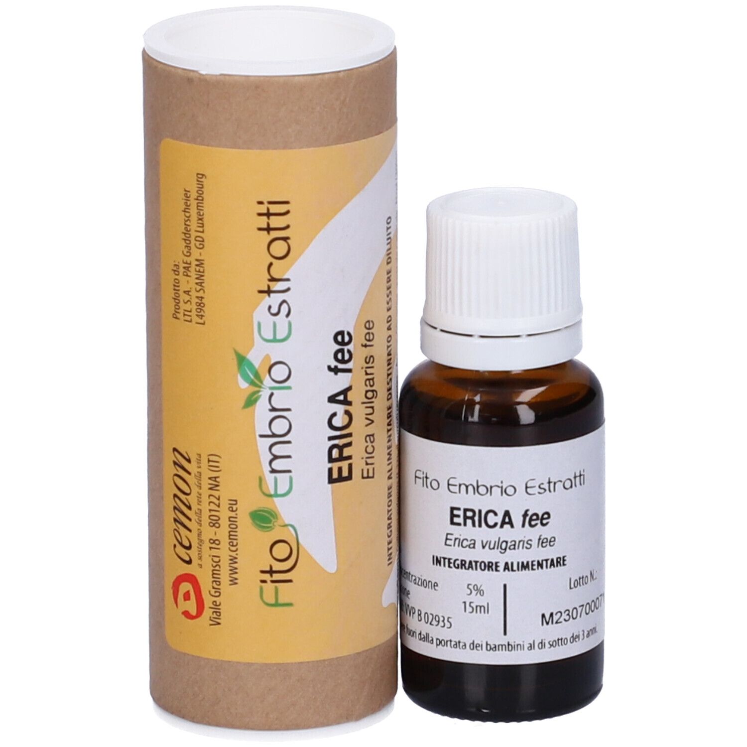 Flacone di vetro marrone con tappo bianco e confezione cilindrica. Scritta: Fito Embryo Estratti, Erica fee, 15 ml.