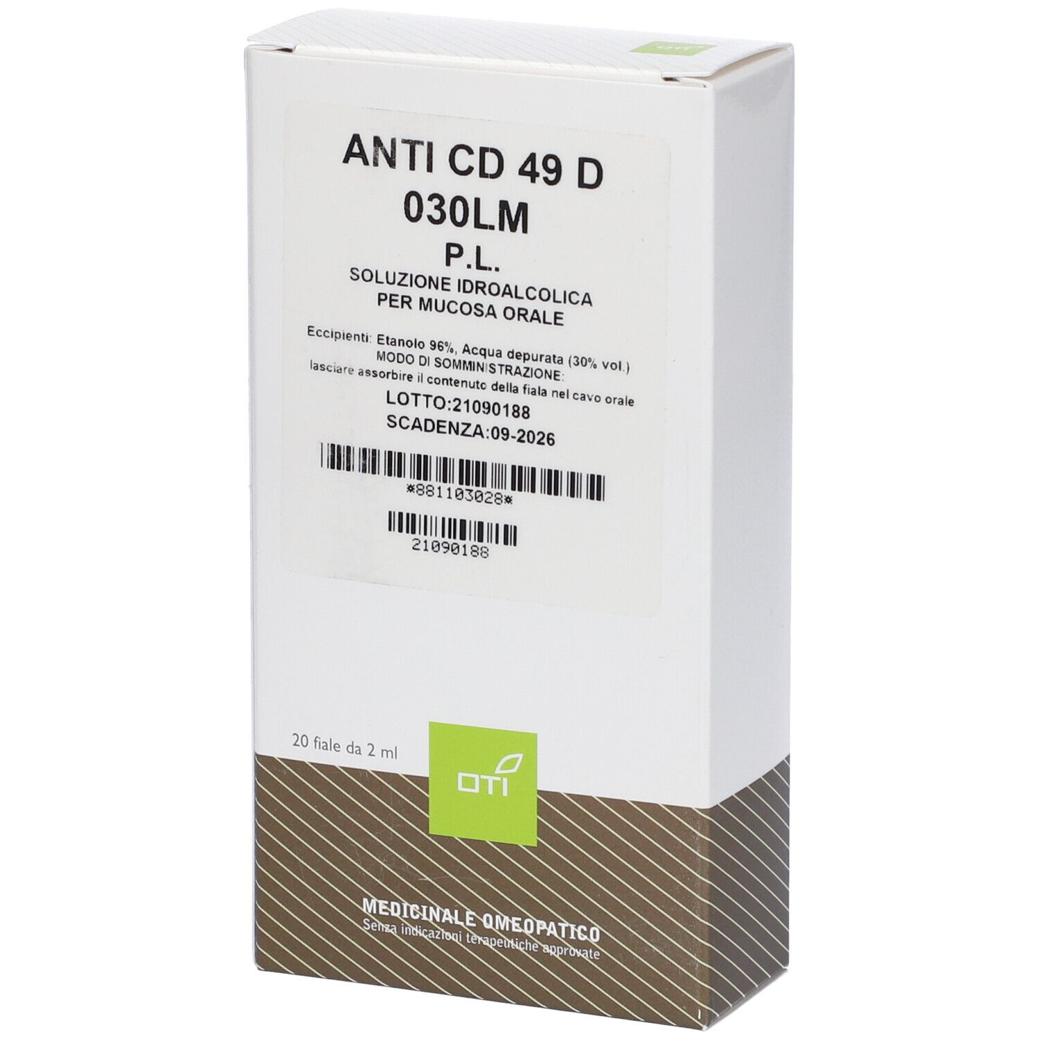 Scatola con testo e logo verde. In basso "20 fiale da 2 ml". Nome del prodotto in alto.