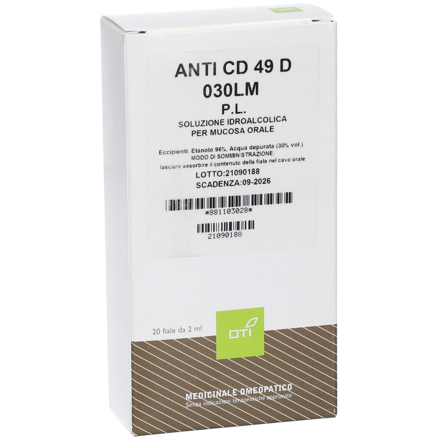 Scatola con testo e logo verde. In basso "20 fiale da 2 ml". Nome del prodotto in alto.