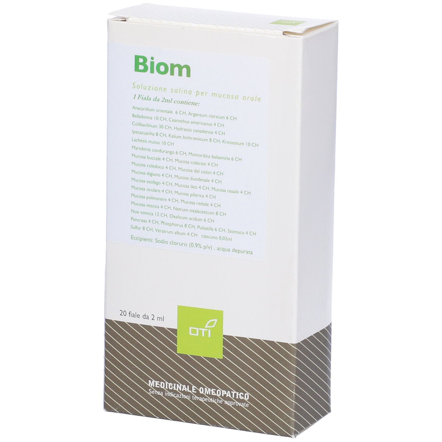 Scatola bianca con testo Biom. 20 fiale da 2ml. Logo OTI. Medicinale omeopatico.