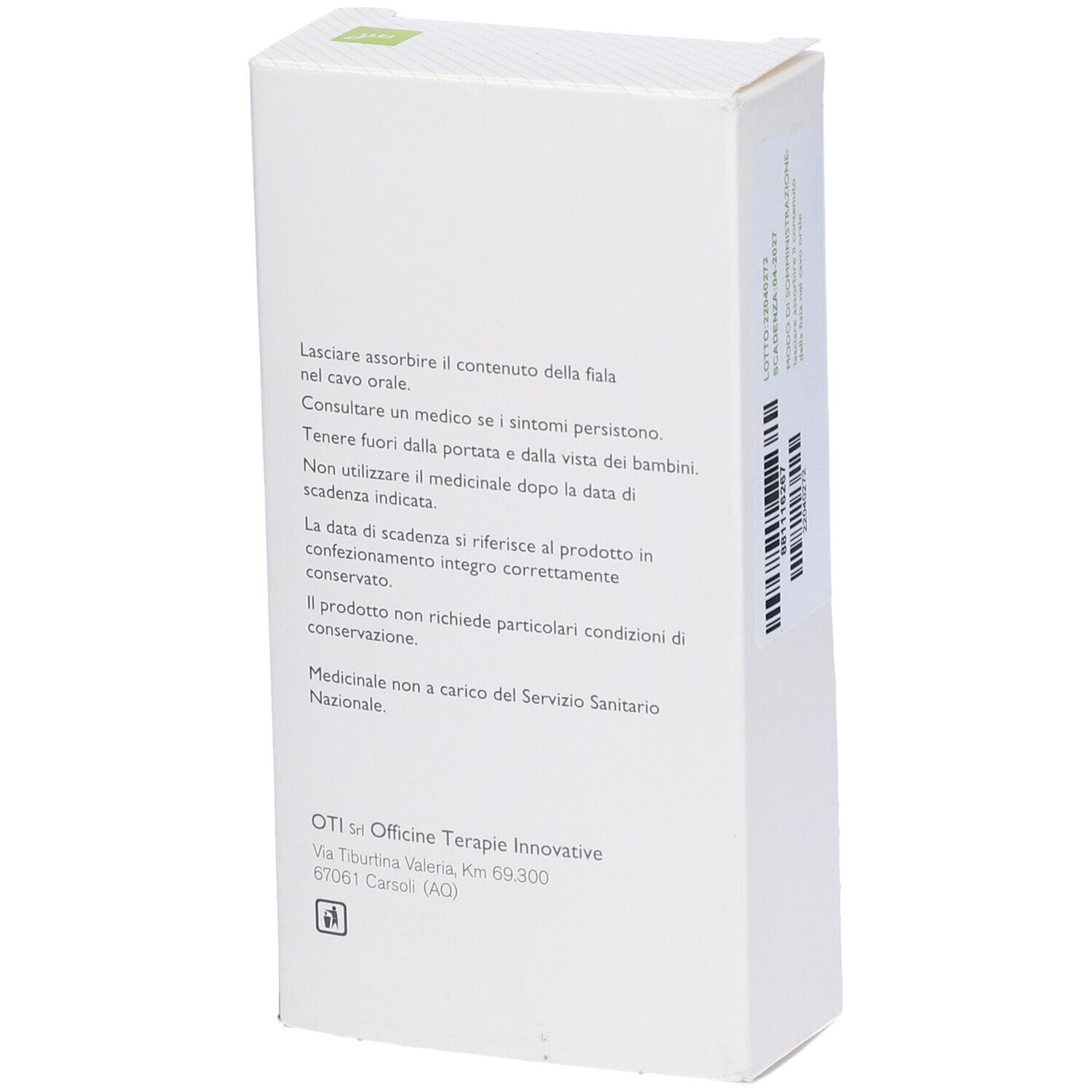 Scatola bianca, retro. Istruzioni per l'uso. Indirizzo OTI. Medicinale omeopatico.