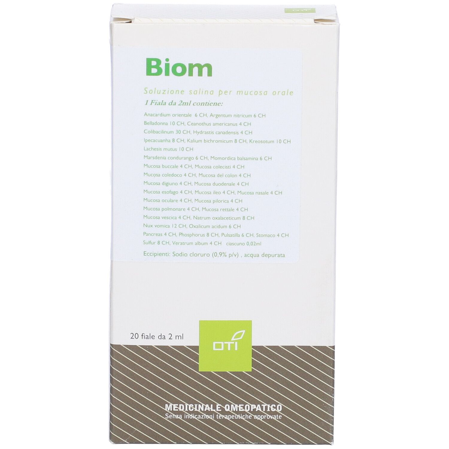Scatola bianca con testo Biom. 20 fiale da 2ml. Logo OTI. Medicinale omeopatico.