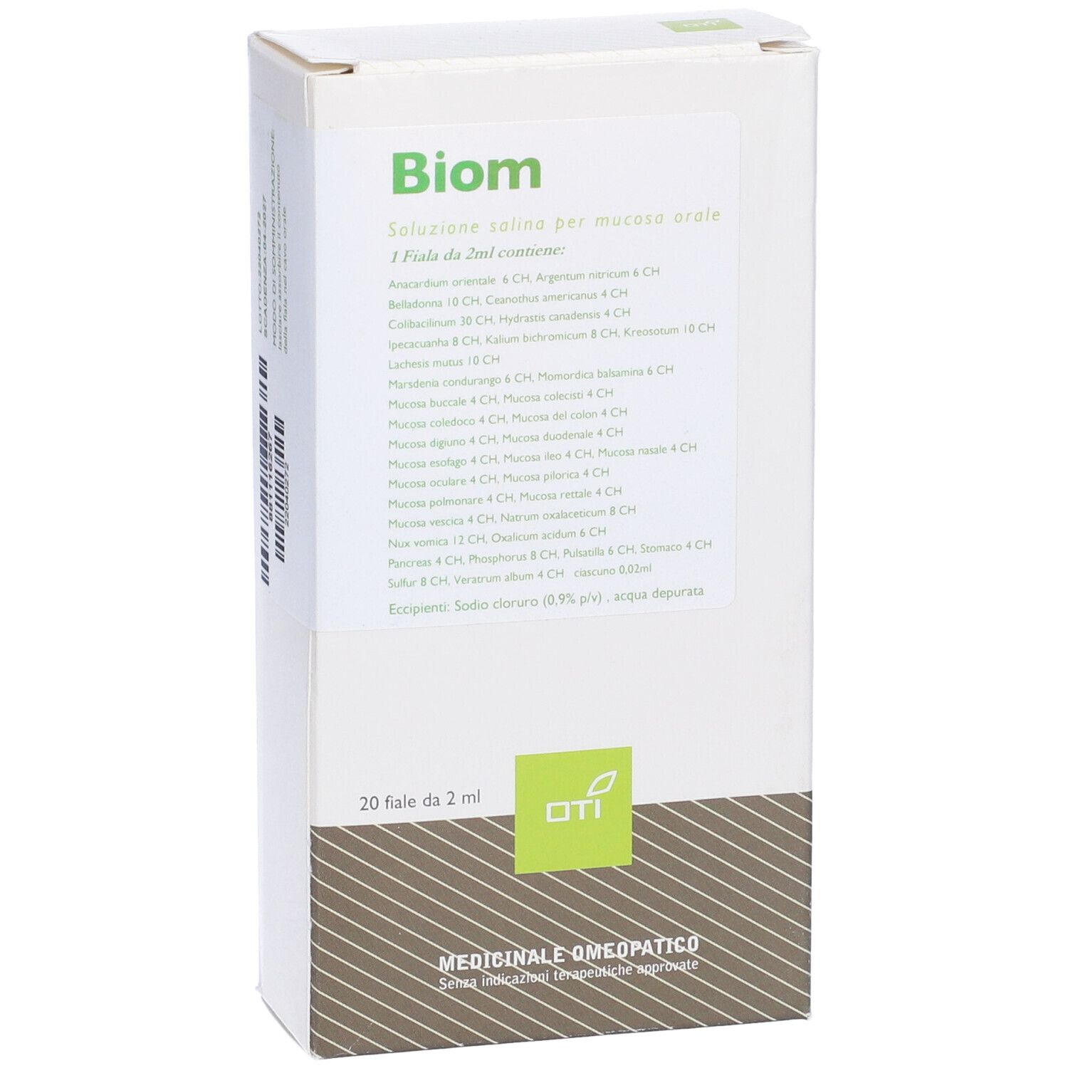 Scatola bianca con testo Biom. 20 fiale da 2ml. Logo OTI. Medicinale omeopatico.