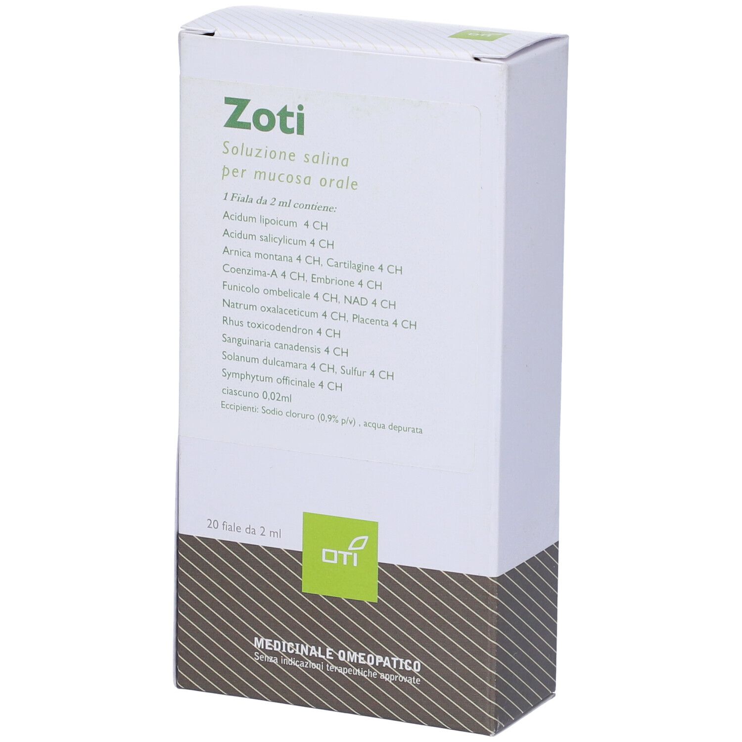 Scatola bianca con logo verde e nome prodotto Zoti. Testo: Soluzione per mucosa orale. 20 fiale da 2 ml.