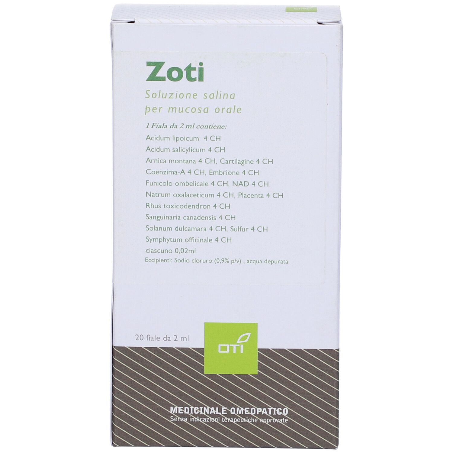 Scatola bianca con logo verde e nome prodotto Zoti. Testo: Soluzione per mucosa orale. 20 fiale da 2 ml.